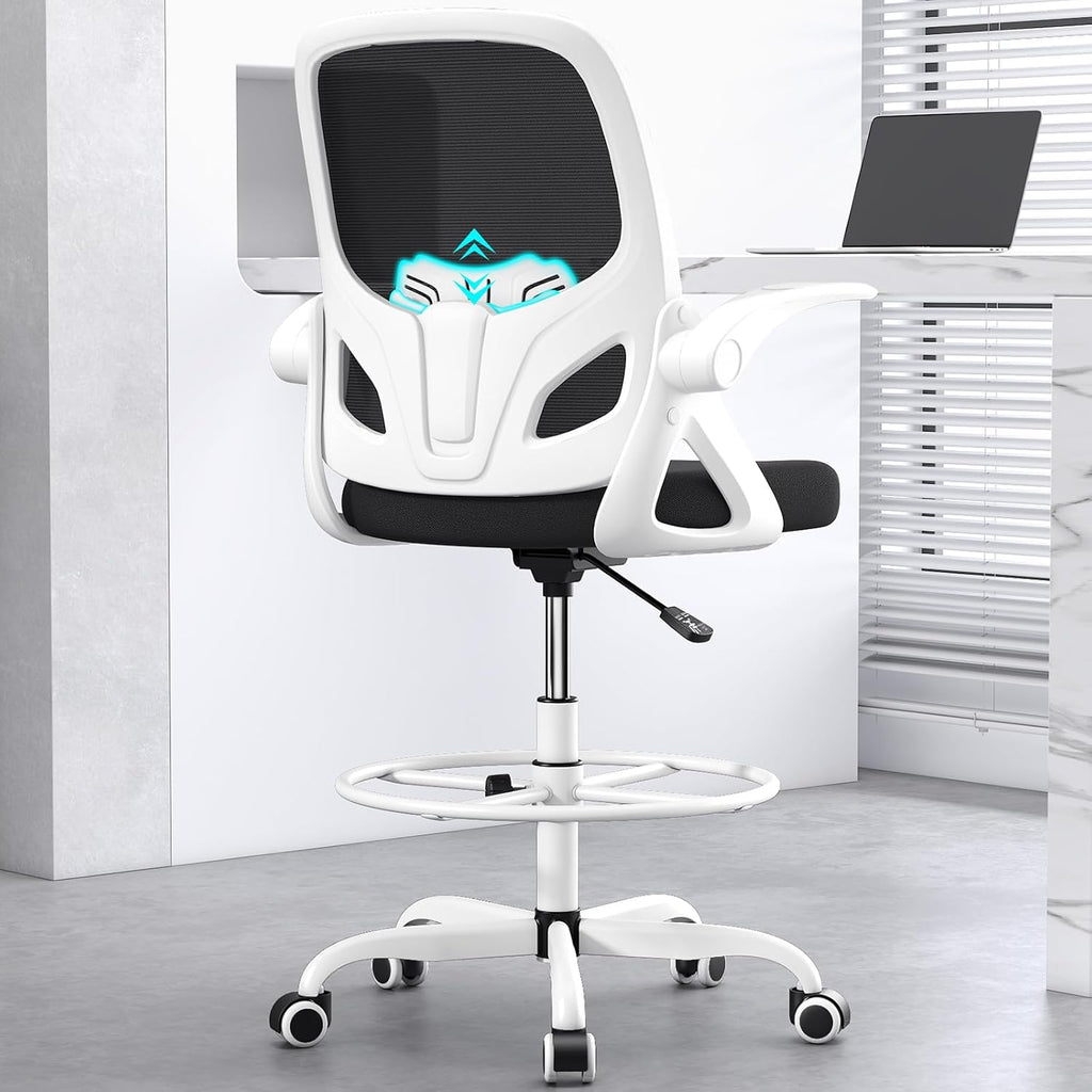 Tall Drafting Chair with Footrest Ring for Home and Work, Ergonomic Home Desk Office Chair with Flip up Arms and Lumbar Support, Extended Height Executive Desk Office Chair(White)