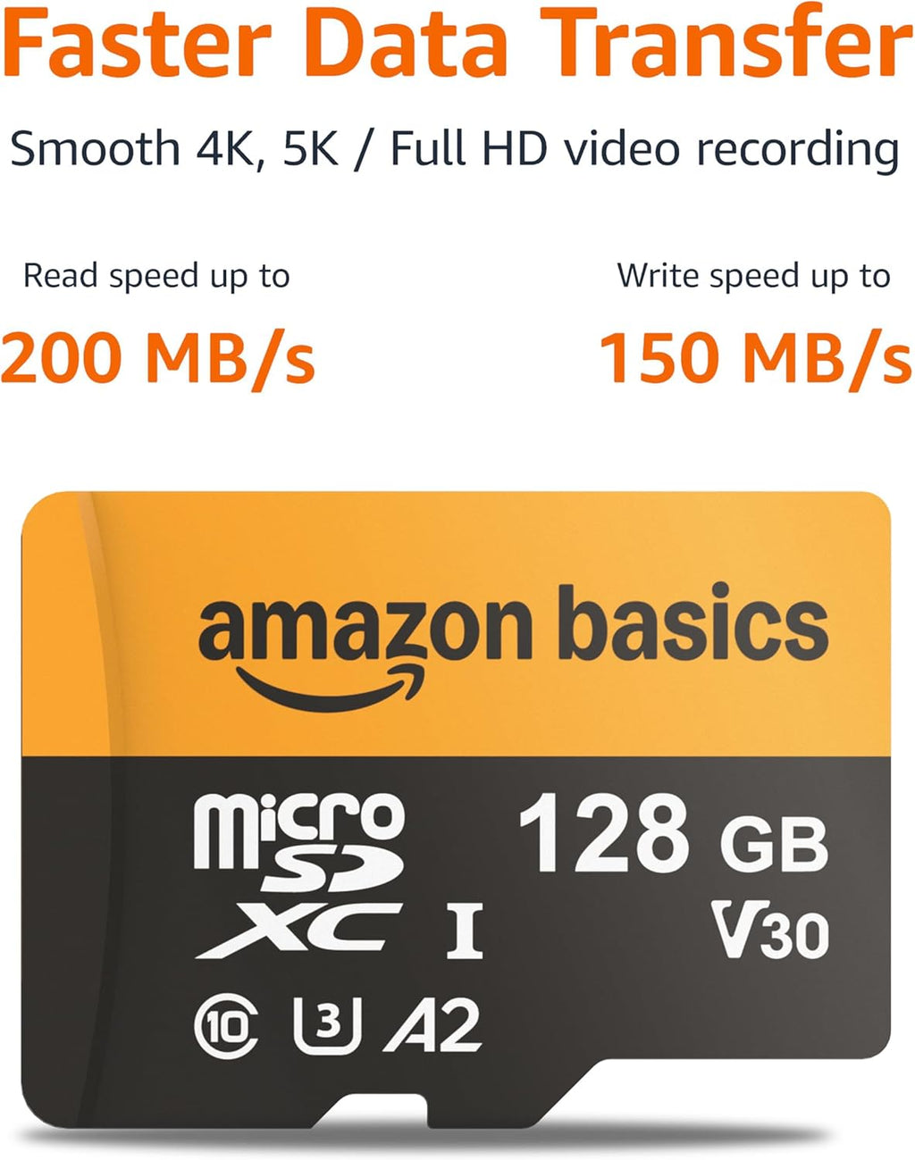 Amazon Basics 128GB microSDXC Card with Adapter, Read Speed Up to 200MB/s, 1-Pack