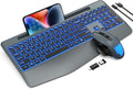 Wireless Keyboard and Mouse Backlits, Wrist Rest, Jiggler Mouse, Rechargeable Ergonomic Keyboard with Phone Holder, Silent Light Up Combo for Computer, Mac, PC, Laptop, Chromebook (Bright Gray)