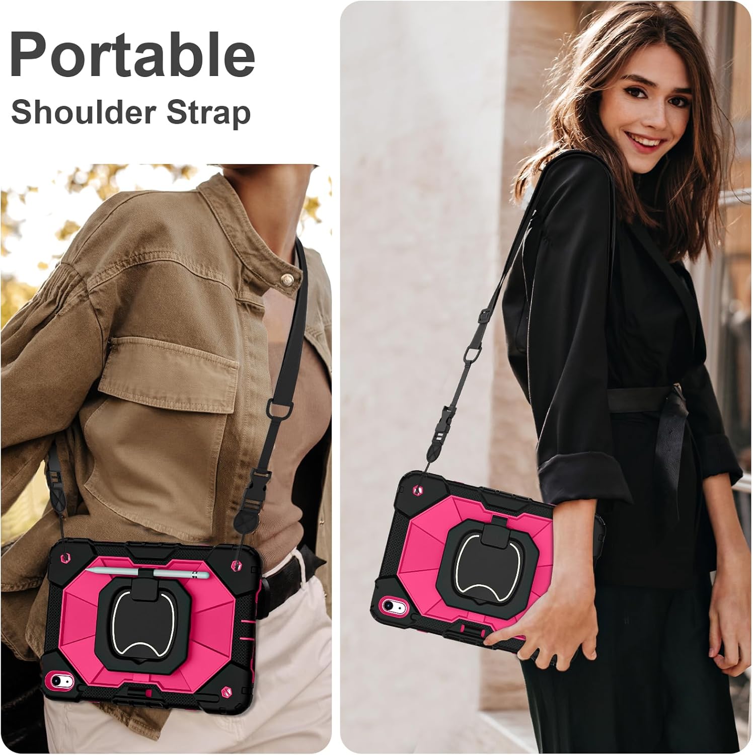 Case for iPad (A16) 11th Generation 11 Inch (2025) / iPad 10th Generation Case 10.9 Inch (2022) with 360° Rotating Stand Screen Protector Pen Holder Shoulder Strap, Black Pink