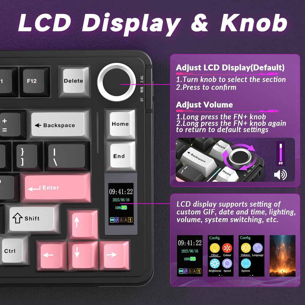 AULA S75 PRO Wireless Mechanical Keyboard with Screen&Knob, 75% Hot Swappable Gaming Keyboard with Pre-lubed Switches, RGB Backlit, PBT Keycaps Creamy Sounding Pc Gaming Keyboards