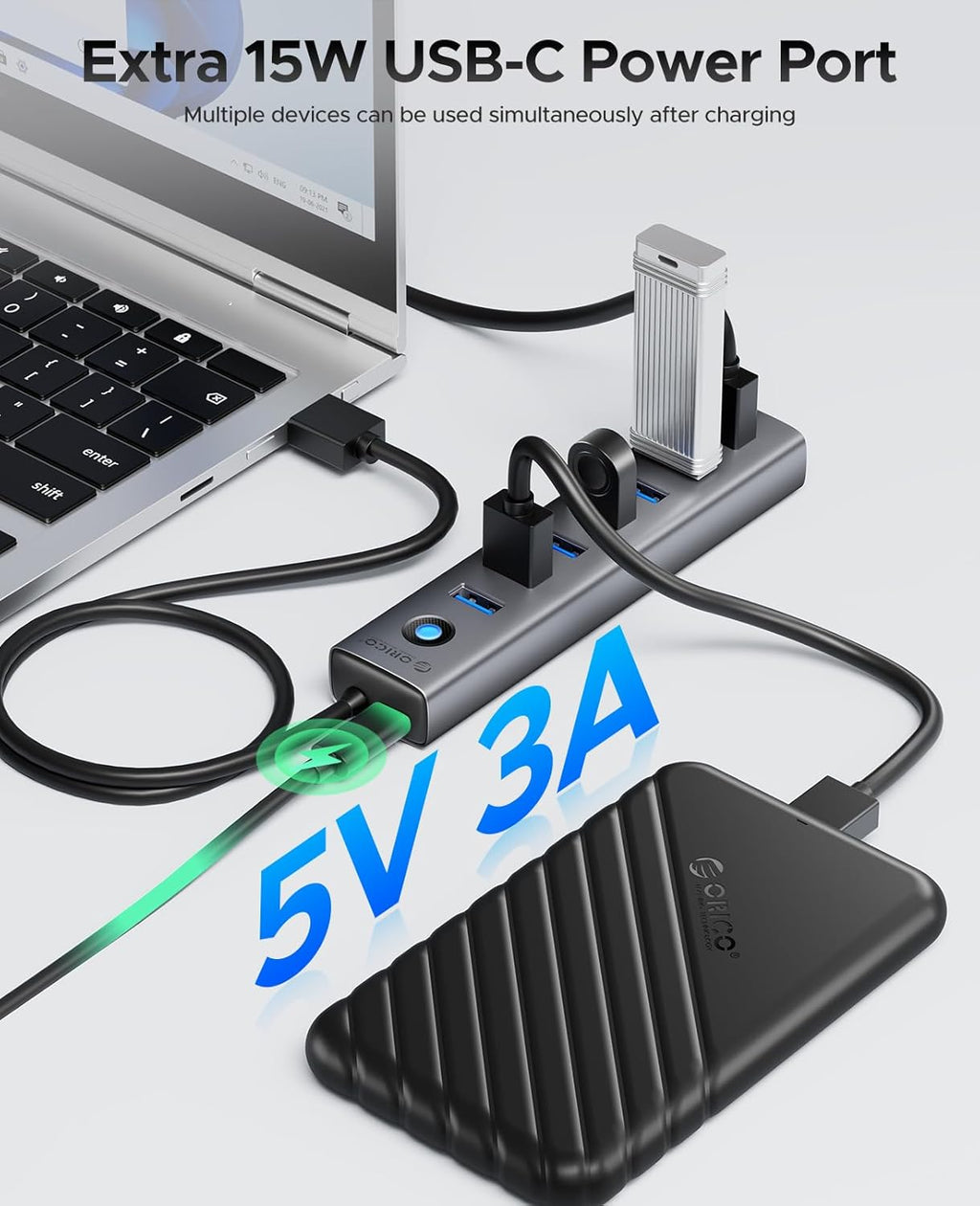ORICO Aluminum 7-Port USB Hub with 3.28Ft Cable, Multiple USB 3.0 Hub, 5Gbps Data Transfer, 5V 3A Type-C Port, UBS-A Splitter for PC, Laptop, Desktop