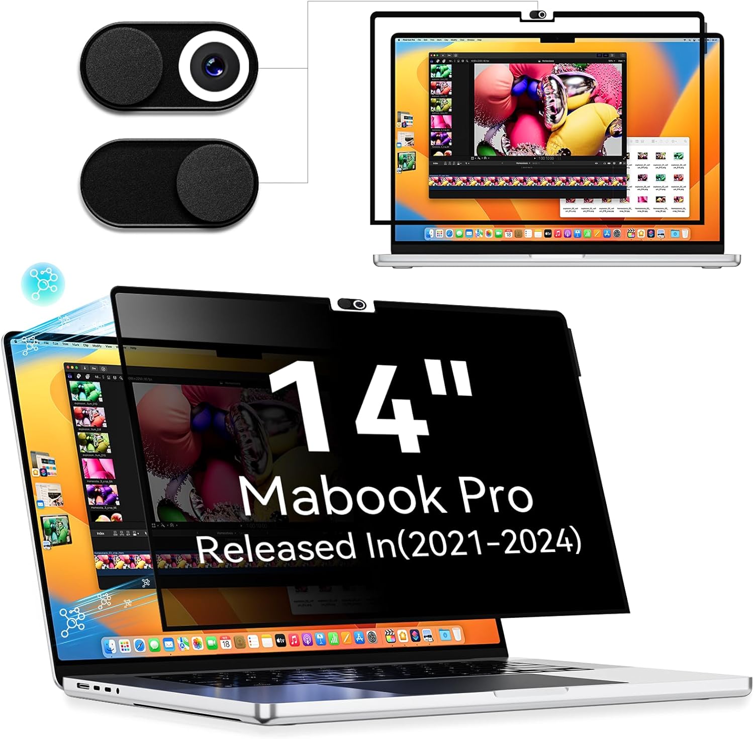 Privacy Screen Protector for MacBook Pro 14 Inch (2021-2024, M1, M2), Easy On/Off Removable Anti Spy Blue Light Glare Cover Shield, Laptop Privacy Filter for Mac Pro 14in (A2918/A2992/A2442/A2779)