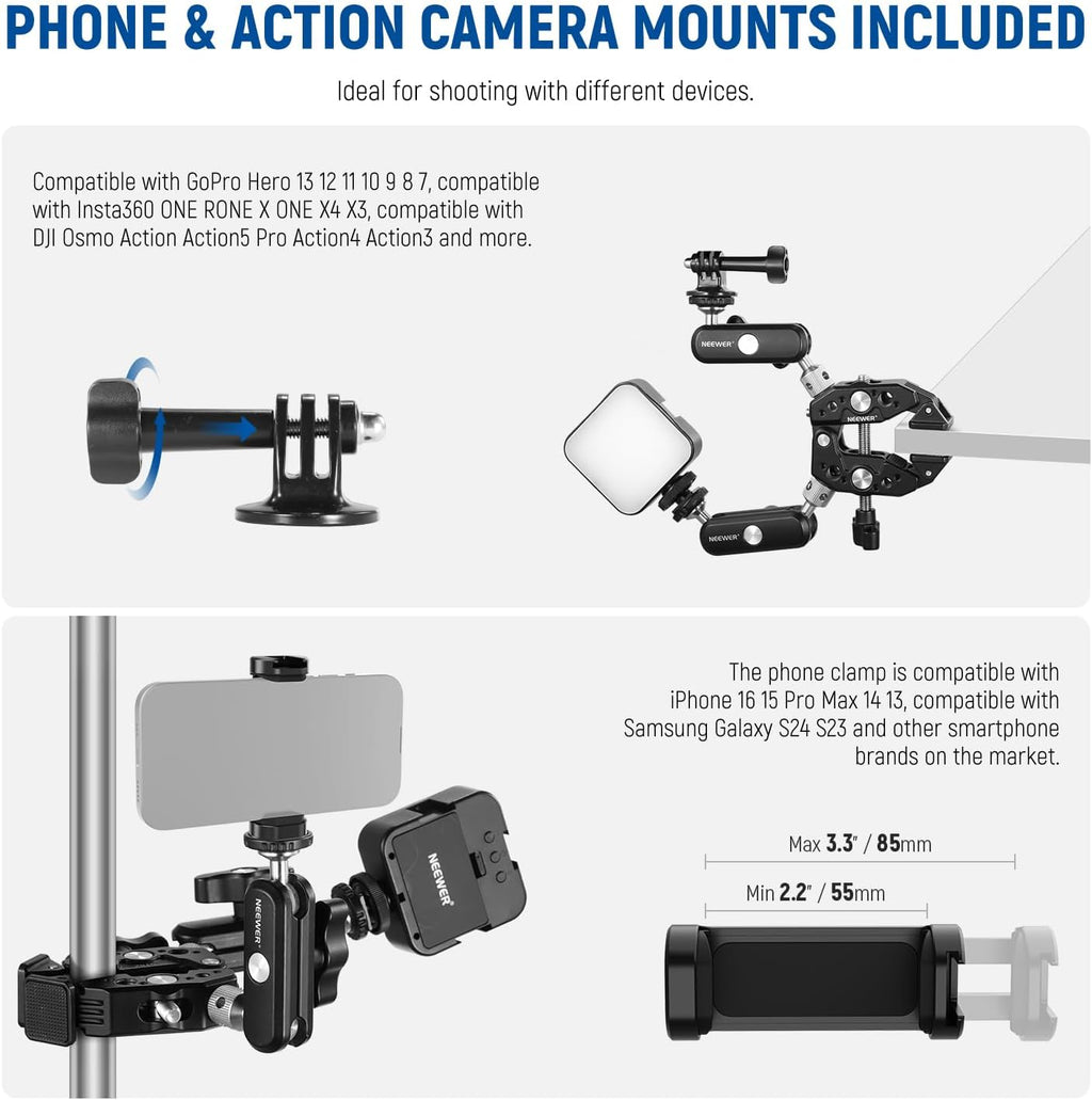 NEEWER Heavy Duty Super Clamp with Two 360° Dual Ball Head Magic Arms, 1/4" 3/8" Screw Threads, Phone & Action Camera Mount Adapter for Flat/Round Surface Compatible with GoPro DJI Insta360 DSLR