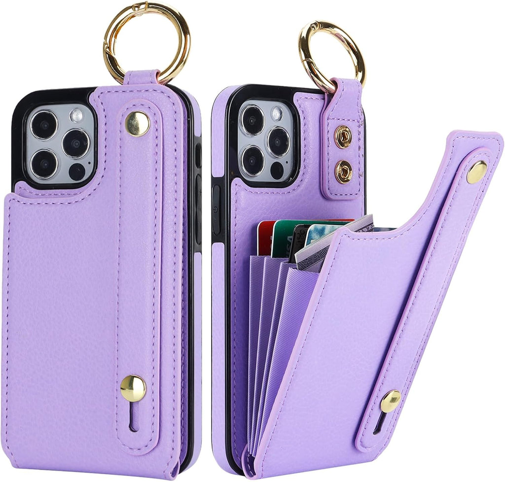 Folosu for iPhone 12/12 Pro Wallet Case with Card Holder, Hand Wrist Strap Loop Holder Kickstand, RFID Blocking Finger Grip Ring PU Leather Double Buttons Shockproof Cover 6.1" Purple