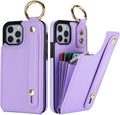 Folosu for iPhone 12/12 Pro Wallet Case with Card Holder, Hand Wrist Strap Loop Holder Kickstand, RFID Blocking Finger Grip Ring PU Leather Double Buttons Shockproof Cover 6.1" Purple