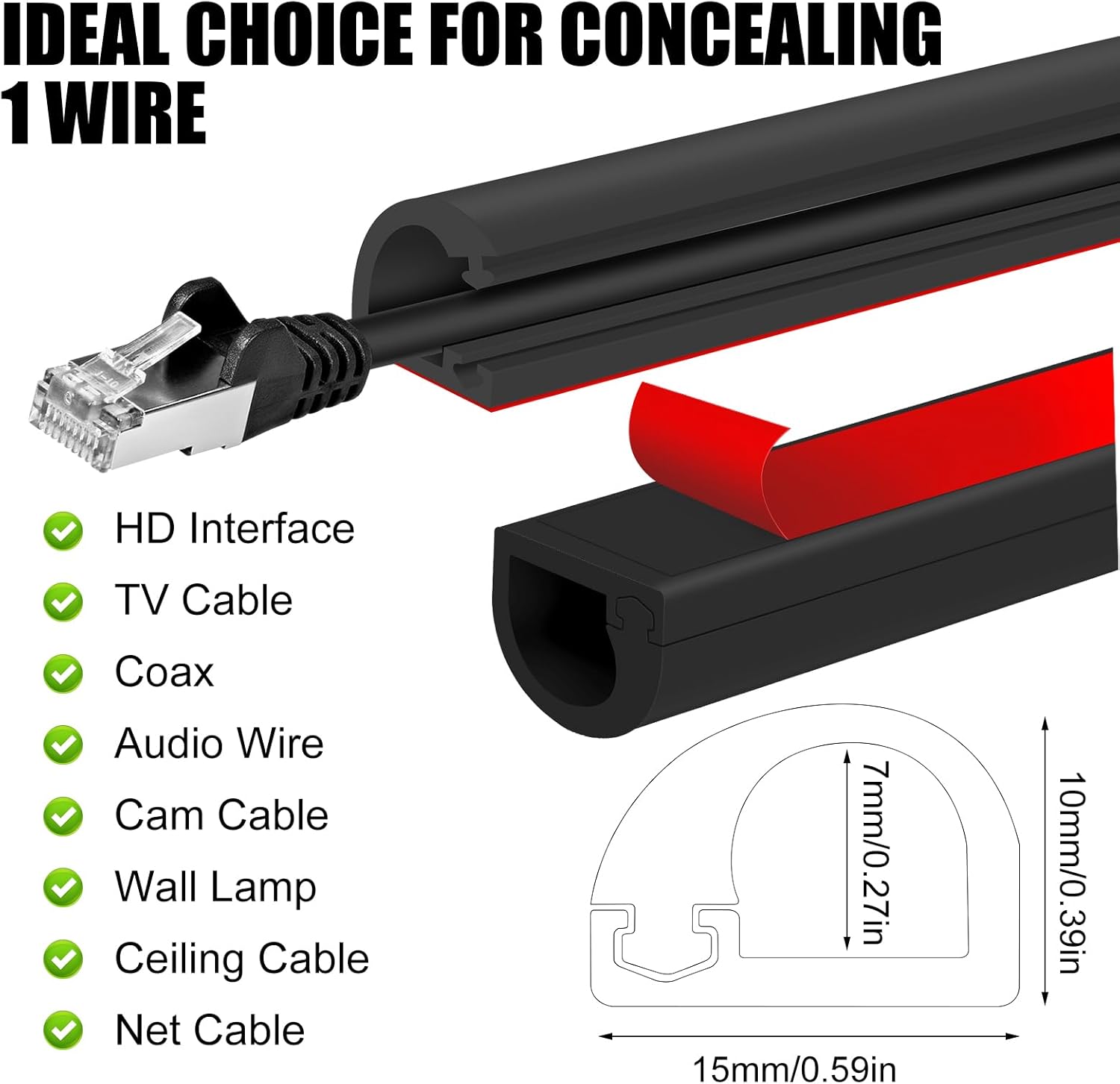 Self-Adhesive Cable Hider,Flexible Wire Cover Cable Raceway for Wires, Wall Mount TV, Home Audio, Network,Power and Phone Line Managemen (Black, 236inch)