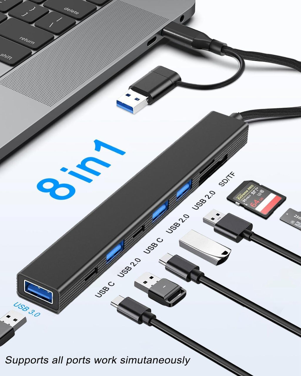 VIENON 8 in 1 USB C Hub With SD Card Reader, USB 3.0/2.0 Ports, USB-C Adapter for Laptop, MacBook, iPad Pro, iMac - Aluminum