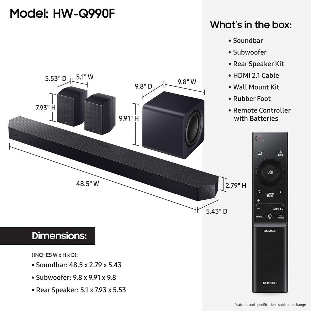 Samsung Q990F 11.1.4ch Q Series Subwoofer + Rear Speaker, Wireless Dolby Atmos, Q-Symphony, Game Mode Pro, Adaptive Sound (HW-Q990F, 2025)