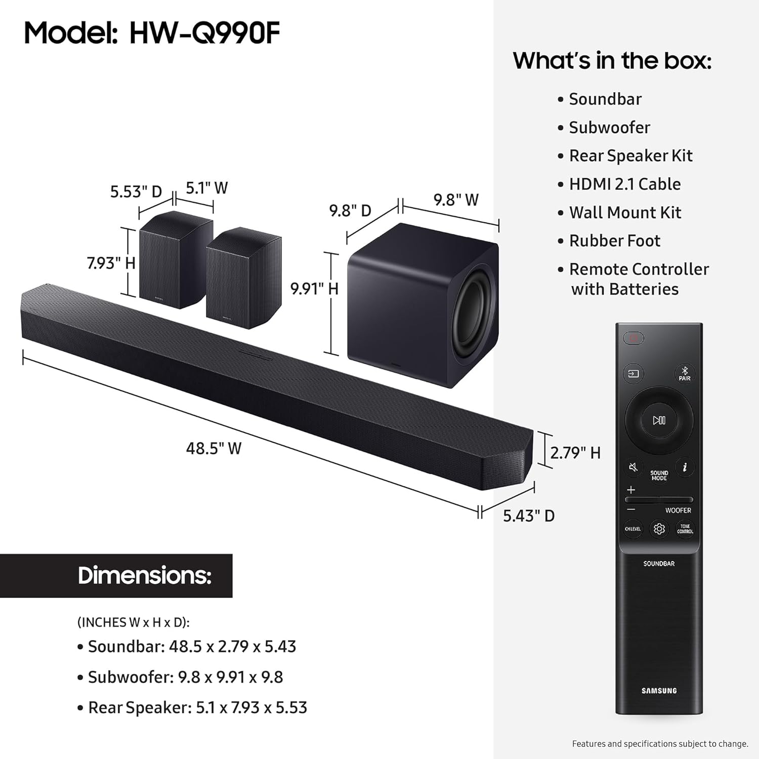 Samsung Q990F 11.1.4ch Q Series Subwoofer + Rear Speaker, Wireless Dolby Atmos, Q-Symphony, Game Mode Pro, Adaptive Sound (HW-Q990F, 2025)