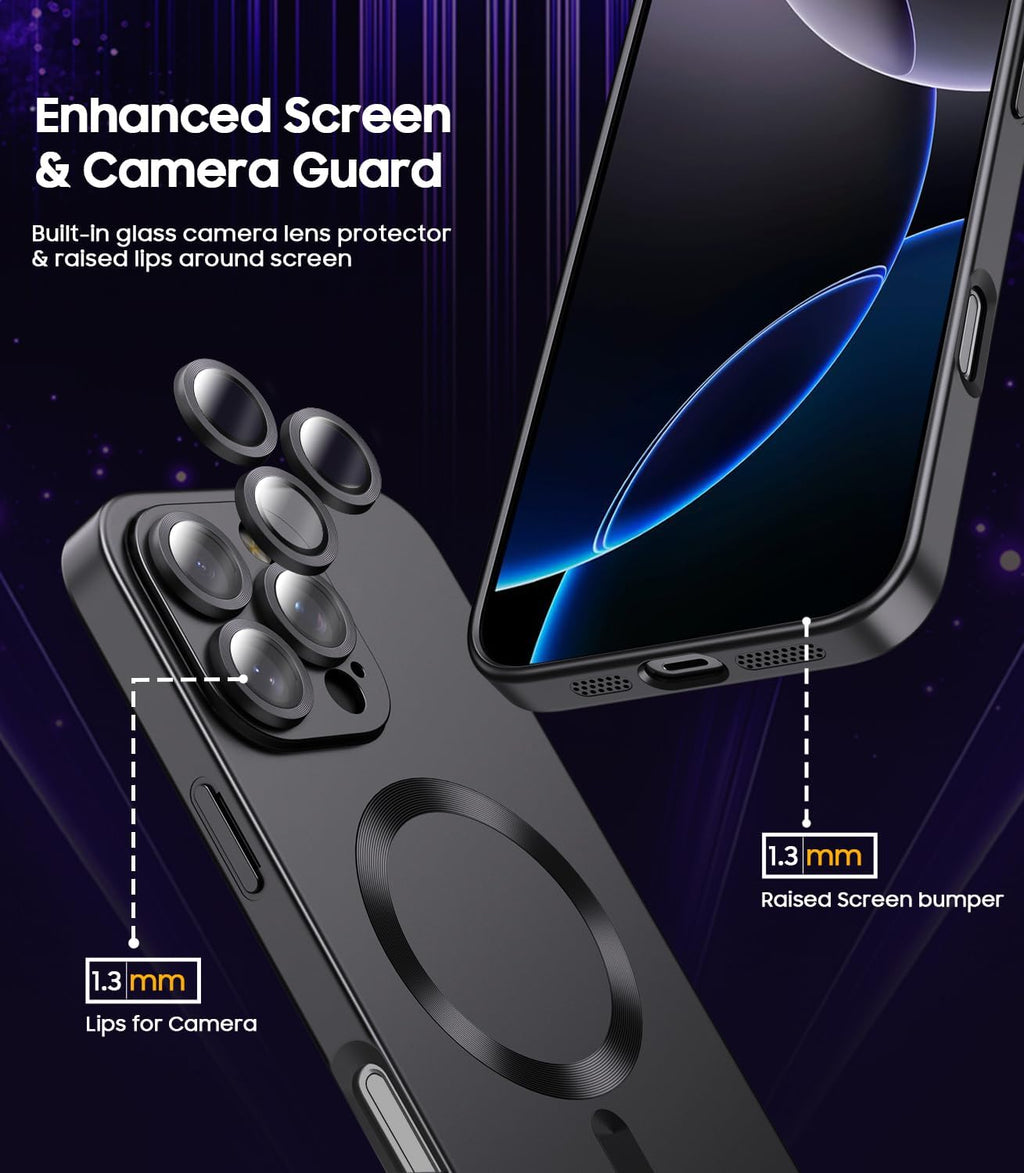 Magnetic for iPhone 16 Pro Max Case [Compatible with MagSafe][Built-in Camera Lens Protector] Slim Soft Silicone Bumper Shockproof Metallic Luster Phone Case (Black)