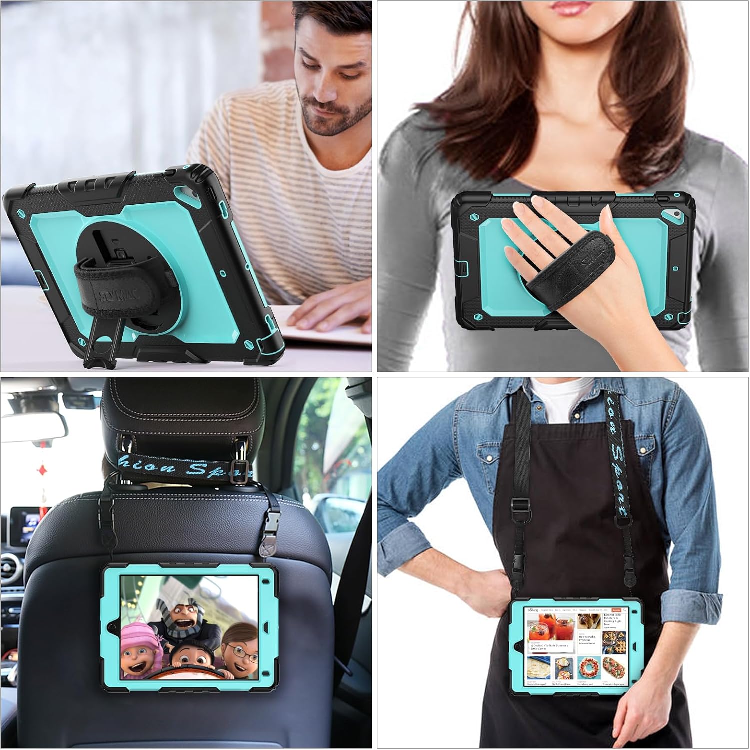 SEYMAC stock Case for iPad 6th / 5th Generation Case/Air 2 / Pro 9.7 inch, Heavy Duty Protective with Screen Protector, with Pencil Holder, Hand Strap, Shoulder Strap, 360 Rotate Stand, SkyBlue+Black