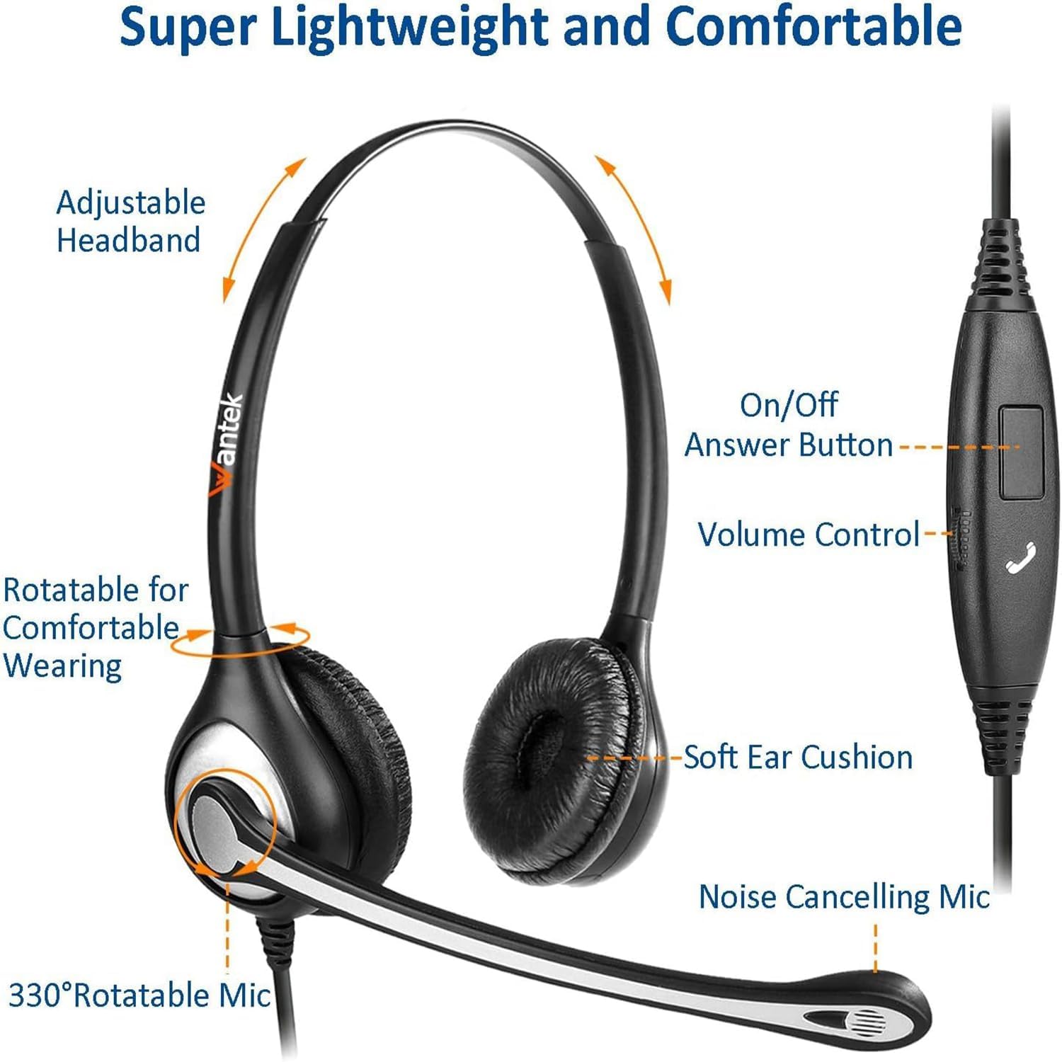 Wantek Phone Headset Wired Computer Headset with Microphone – Noise Cancelling 3.5mm/2.5mm Headphones for PC, Laptop, Mac, iPhone, Samsung – Compatible with Zoom, Teams, Call Center, Home Office