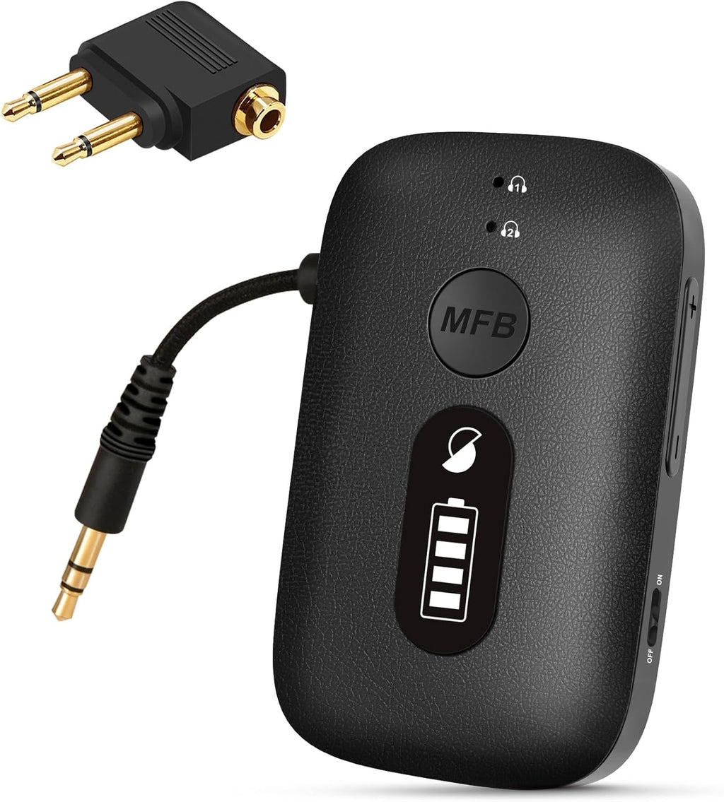SIMOLIO Airplane-Bluetooth-Adapter for AirPods/Headphones, 20 Hr Battery, Supports 2 Earbuds/Wireless Headphones, 3.5mm AUX Wireless Audio Transmitter for TV, Gym Equipment, Controller, MP3 Player