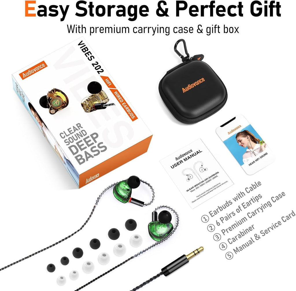 Vibes 202 Wired Earbuds - HiFi in Ear Monitor Headphones – Professional Noise-Isolating Ear Buds - Clear Sound, Deep Bass & Comfort-Fit IEM Earphones - MMCX to 3.5mm, Silver Plated Cord, Carrying Case