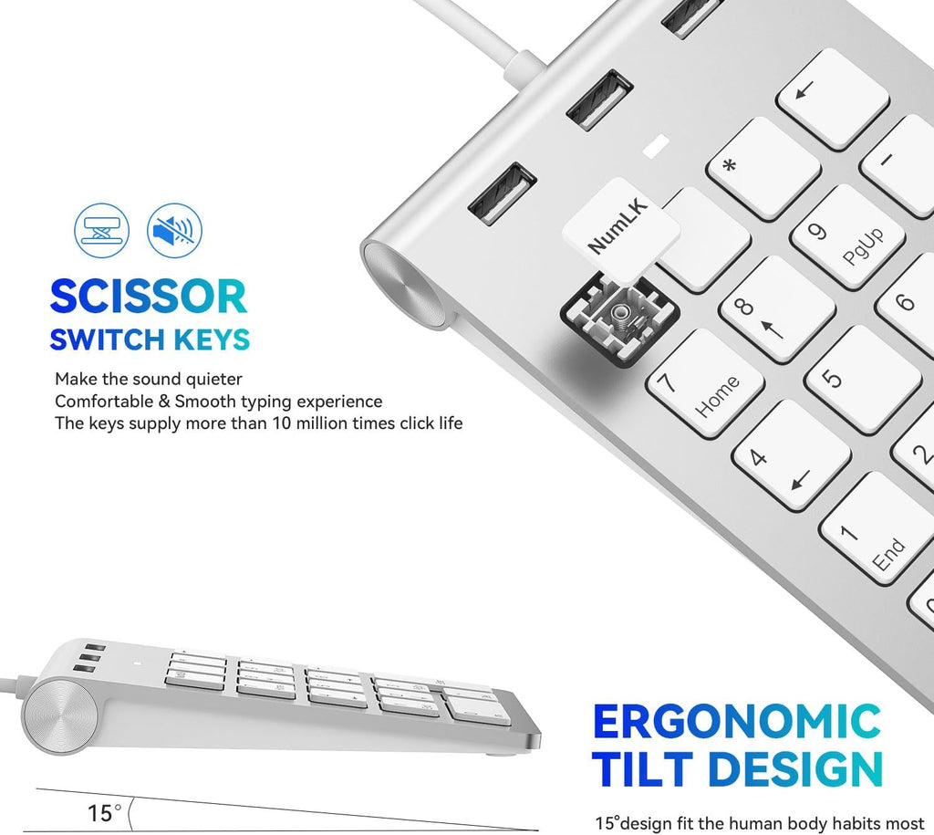 Wired Numeric Keypad USB-C & USB-A - 18 Keys Number Pad with 3 USB 2.0 Port, 15° Ergonomic Numeric Pad for Laptop/ Desktop/ Surface/ iPad, USB Number Keypad for Windows/macOS/Chrome OS, Plug & Play
