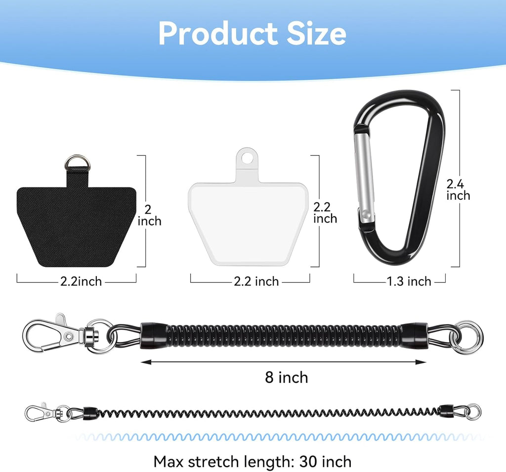 SHANSHUI Phone Lanyard Tether, Anti Theft Spring Phone Strap, 4 x Phone Pacthes & Climbing Hook Universal Phone Lanyard for Keys Outdoor Skiing Hiking Fishing Fitting for All Smartphones - 2PCS Black