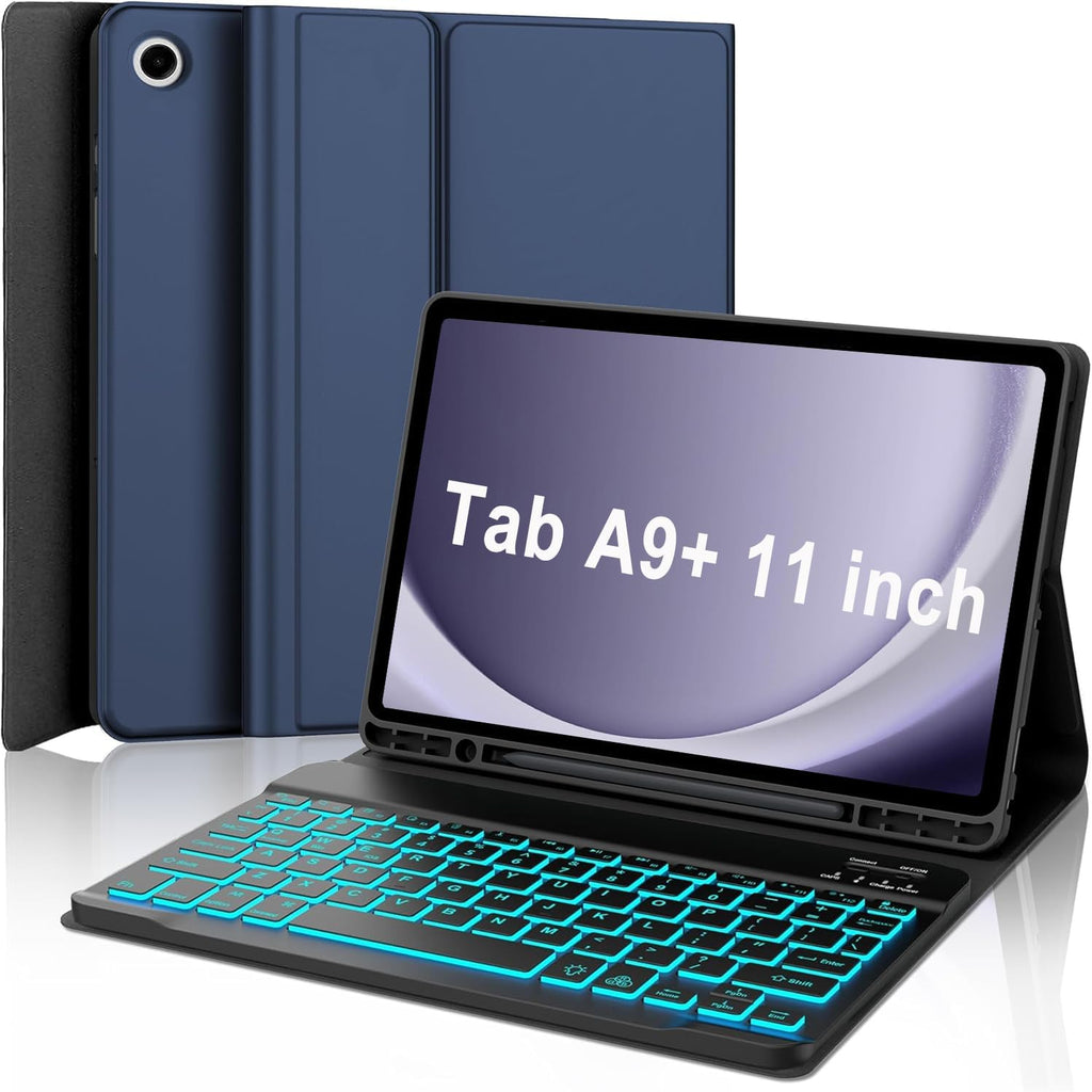 Keyboard Case for Samsung Galaxy Tab A9 Plus 5G 11 inch 2023 (SM-X210/X216/X218), 7 Color Backlit Detachable Keyboard Bluetooth, Smart Folio Cover with S Pen Holder for Galaxy Tab A9+ 11"（Dark Blue
