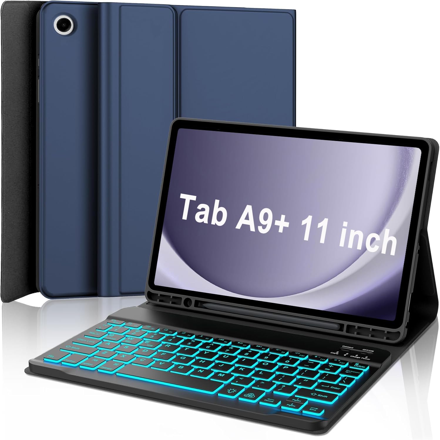 Keyboard Case for Samsung Galaxy Tab A9 Plus 5G 11 inch 2023 (SM-X210/X216/X218), 7 Color Backlit Detachable Keyboard Bluetooth, Smart Folio Cover with S Pen Holder for Galaxy Tab A9+ 11"（Dark Blue
