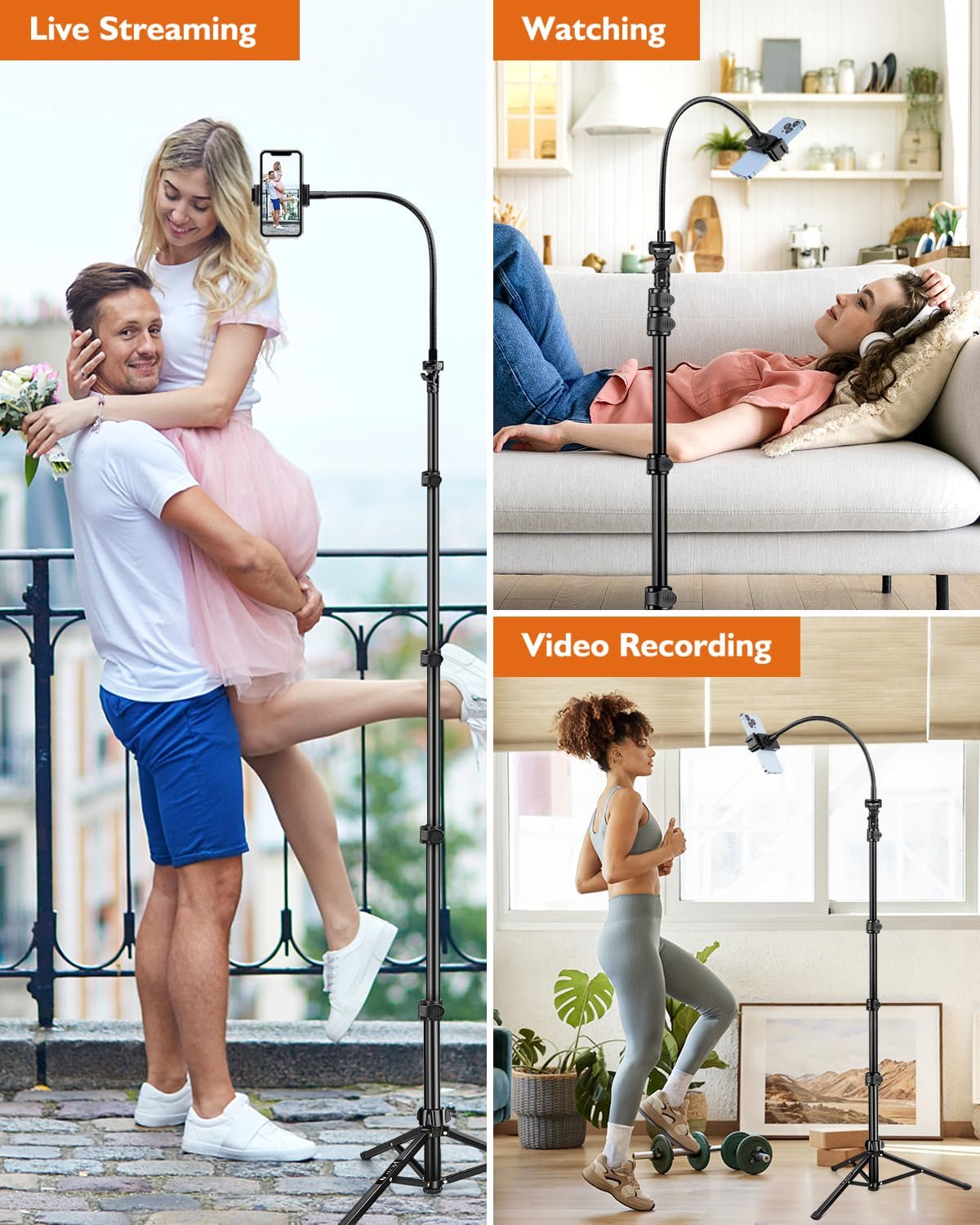 Phone Tripod, 85" Tall Tripod for iPhone with Gooseneck and Remote, Overhead Phone Stand for Recording Watching Cooking Fitness Vlog, Compatible with iPhone Android, Black