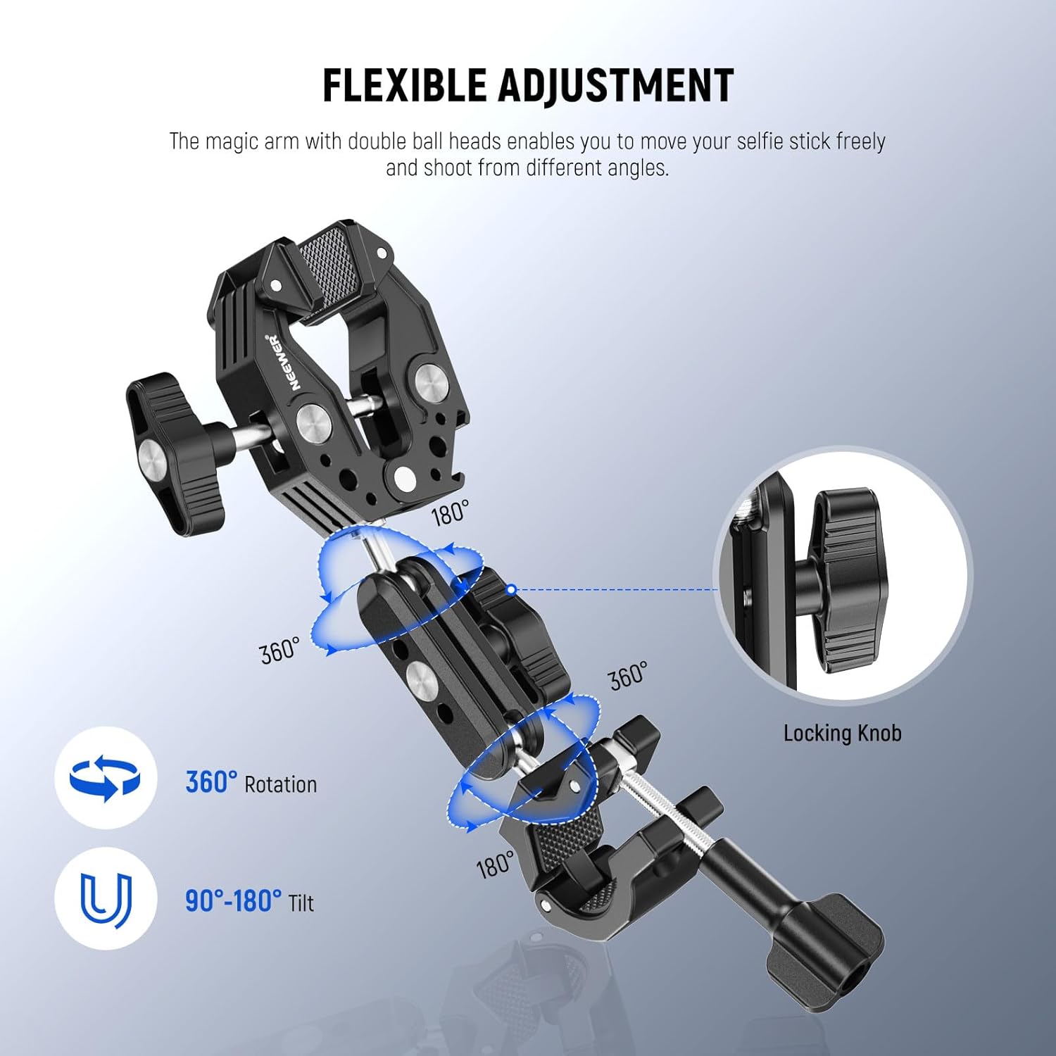 NEEWER Motorcycle Camera Mount Kit, Bicycle Handlebar Invisible Selfie Stick, 360° Ball Heads, Super Clamps & Cleaning Cloth, Compatible with GoPro Insta360 DJI AKASO Action Cam Video Recording, GP-30