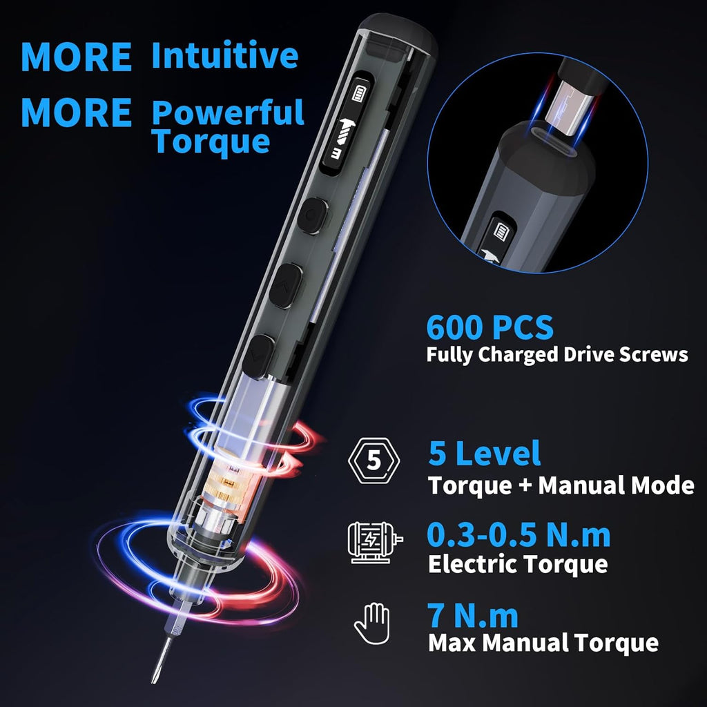 STREBITO Mini Electric Screwdriver Set, 70-in-1 Max Precision Electric Screwdriver Kit with Lights, 5 Upgraded Torque Levels, 64 Magnetic Bits, Electric Screwdriver Cordless for PC RC Electronics