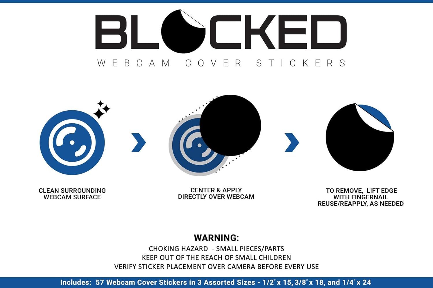 BLOCKED Stackable Webcam/Camera Vinyl Covers | 57 Low-Tack Restickable Webcam Sticker | Multiple Sizes | White 57-Pack (Ultra Glossy)