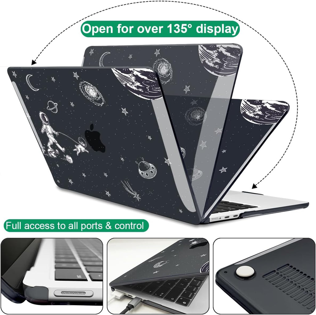 for MacBook Air 13.6 inch Case 2025 2024 2023 2022 Release M4 A3240 M3 A3113 M2 A2681, Black Printed Plastic Hard Shell Case Cover for Mac Air 13.6 M4 Chip Touch ID, Astronauts Space Dog