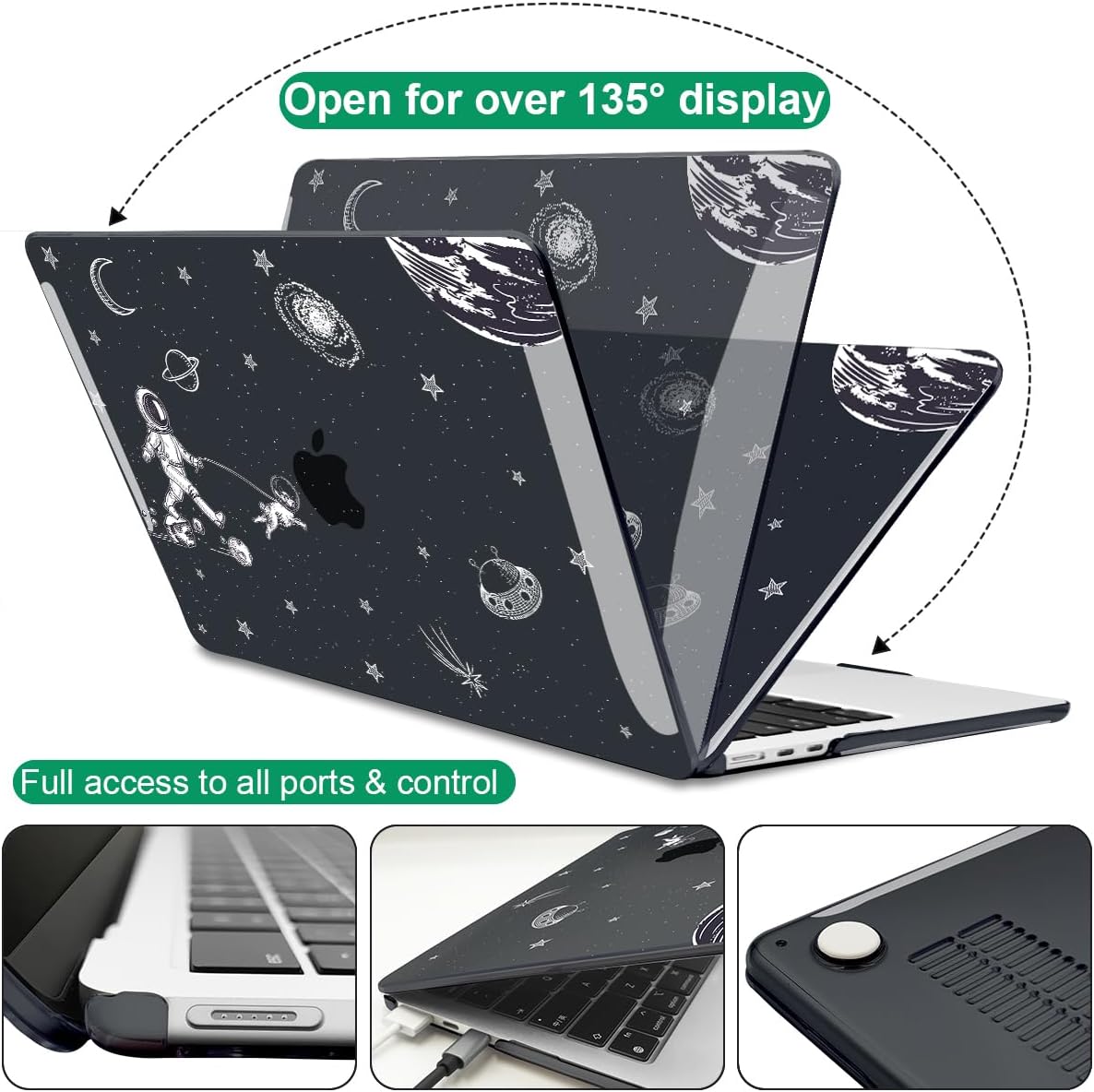 for MacBook Air 13.6 inch Case 2025 2024 2023 2022 Release M4 A3240 M3 A3113 M2 A2681, Black Printed Plastic Hard Shell Case Cover for Mac Air 13.6 M4 Chip Touch ID, Astronauts Space Dog