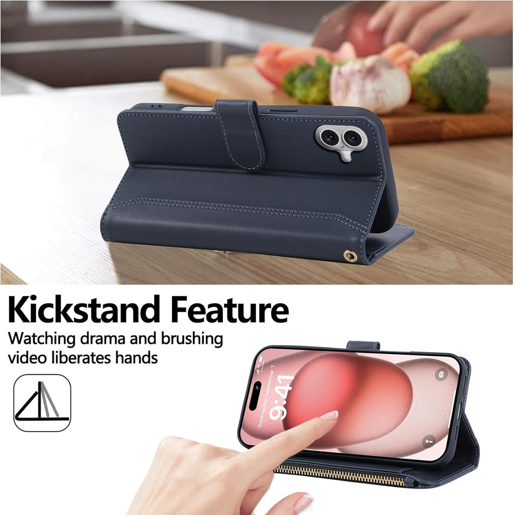 Compatible with iPhone 16 Wallet Phone Case-PU Leather Magnetic Flip Cover with Credit Card Slots,Zipper Pocket & Detachable Wrist Strap,Shockproof Design,for Women and Men-Navy Blue