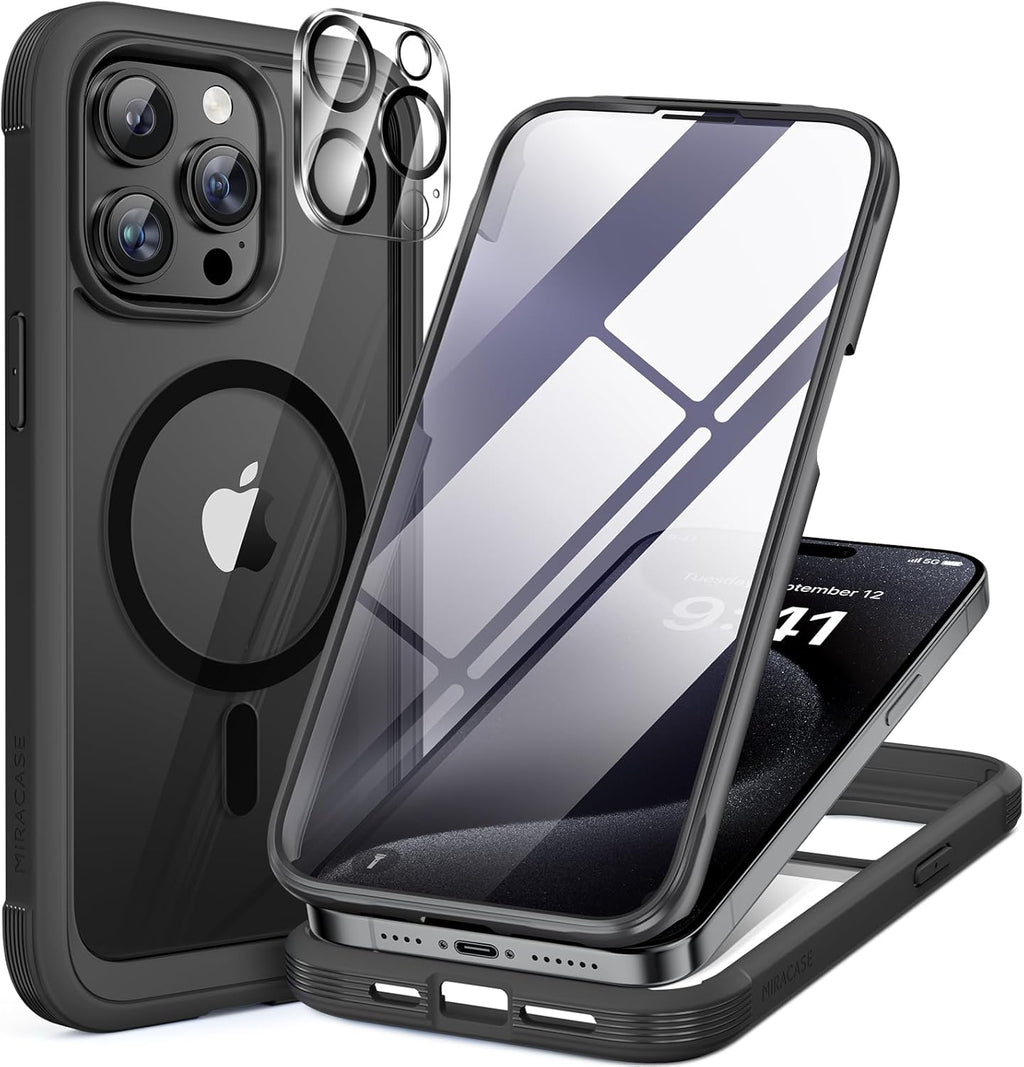 Miracase Magnetic for iPhone 15 Pro Max Case 6.7'' [Compatible with Magsafe] Full-Body Drop Proof Bumper Phone Case for iPhone 15 Pro Max with Built-in 9H Tempered Glass Screen Protector,Black