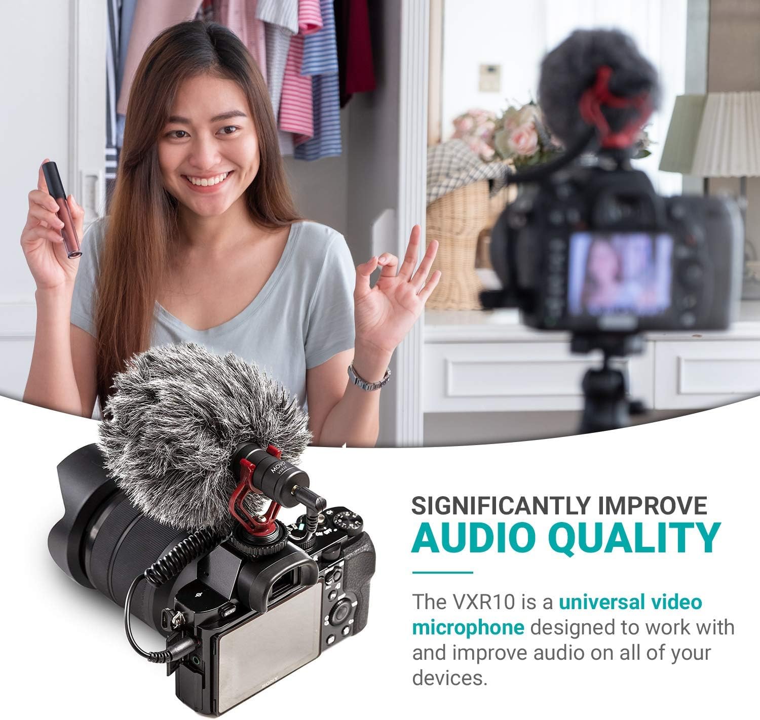 Movo VXR10 Universal Shotgun Mic for Camera - Camera Microphone for DSLR, iPhone and Android Smartphones - Compatible with Canon EOS, Nikon, and Sony Cameras - with Shock Mount, Deadcat Windscreen