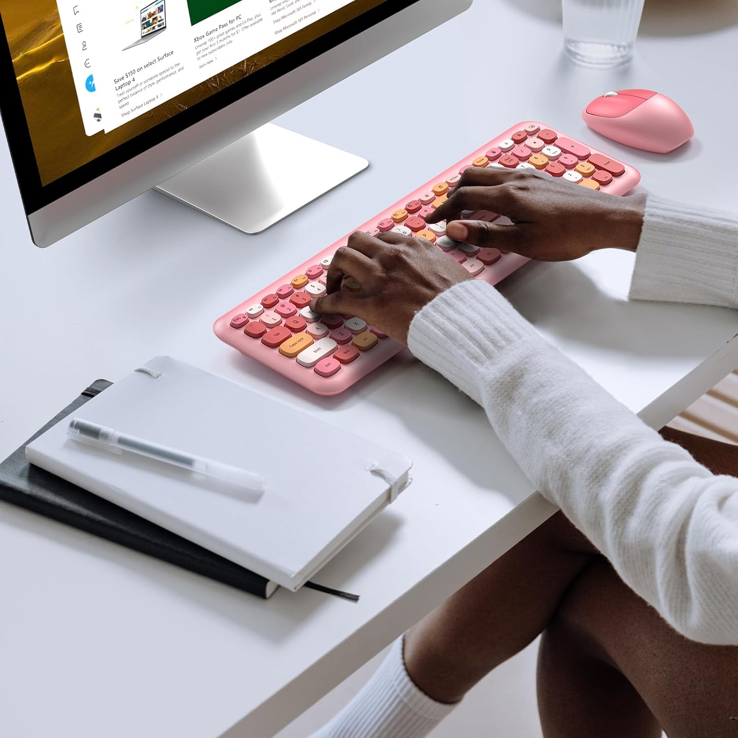 KNOWSQT Wireless Keyboard and Mouse Combo, Pale Pink Full-Sized 2.4G Silent Keycap Colorful Keyboards, USB Dongle Plug Play, for Laptop, Windows, PC, Computer, Desktop