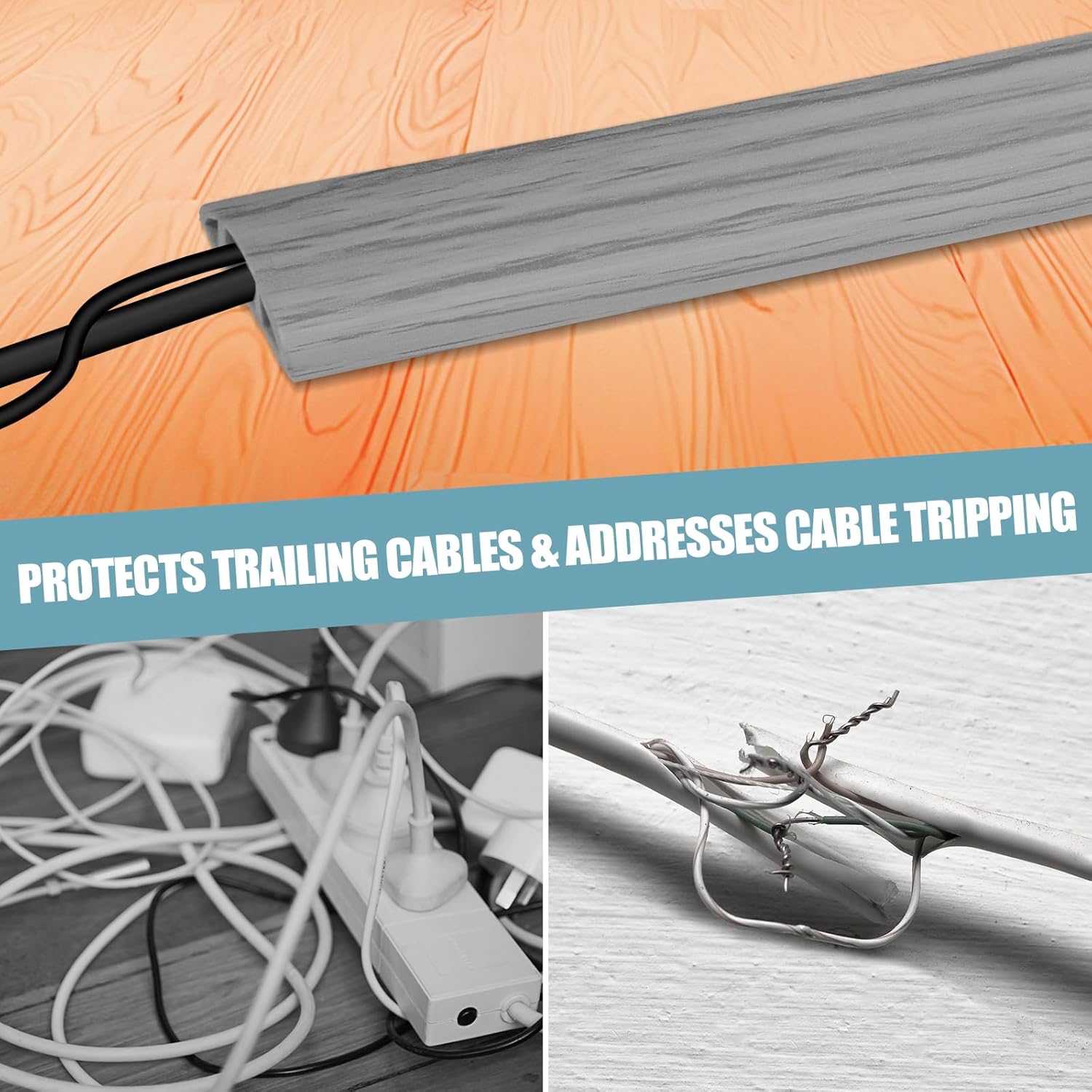 Floor Cord Cover Self Adhesive Cord Hider,3.3FT Cable Management, Extension Strip Protector for Wires, Prevent Cable Trips for Offices, Gyms, Exhibitions Cavity:0.3"(W) x 0.28"(H) Gray Wood