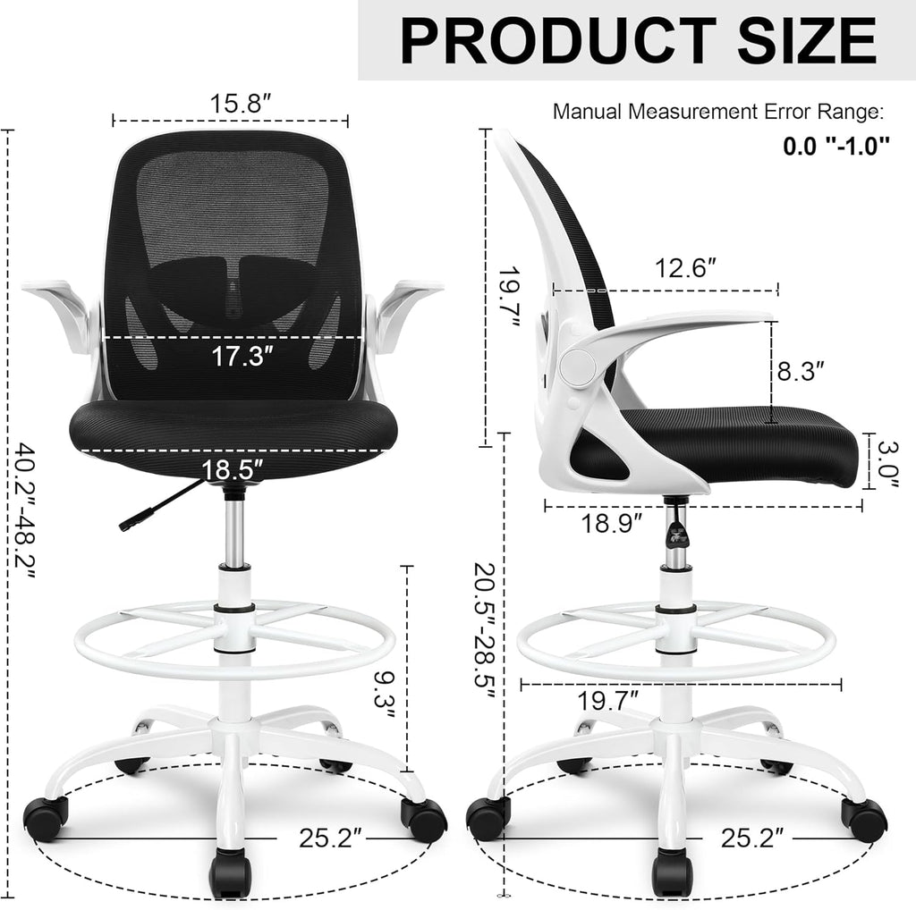 Primy Ergonomic Drafting Chair with Flip-up Armrests Tall Office Chair for Standing Desk Comfortable Desk Chair with Adjustable Footrest Ring and Lumbar Support in Gray Perfect for Home (White)