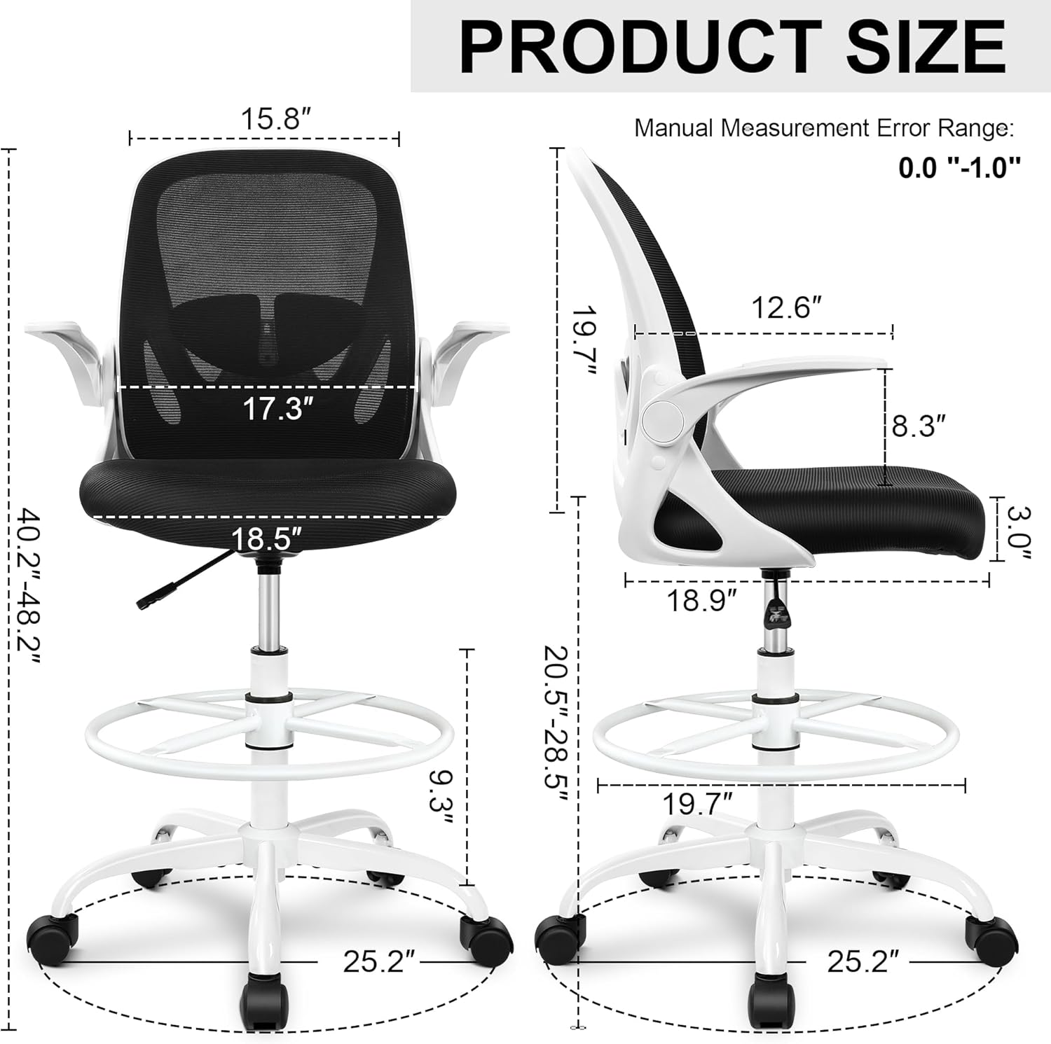 Primy Ergonomic Drafting Chair with Flip-up Armrests Tall Office Chair for Standing Desk Comfortable Desk Chair with Adjustable Footrest Ring and Lumbar Support in Gray Perfect for Home (White)