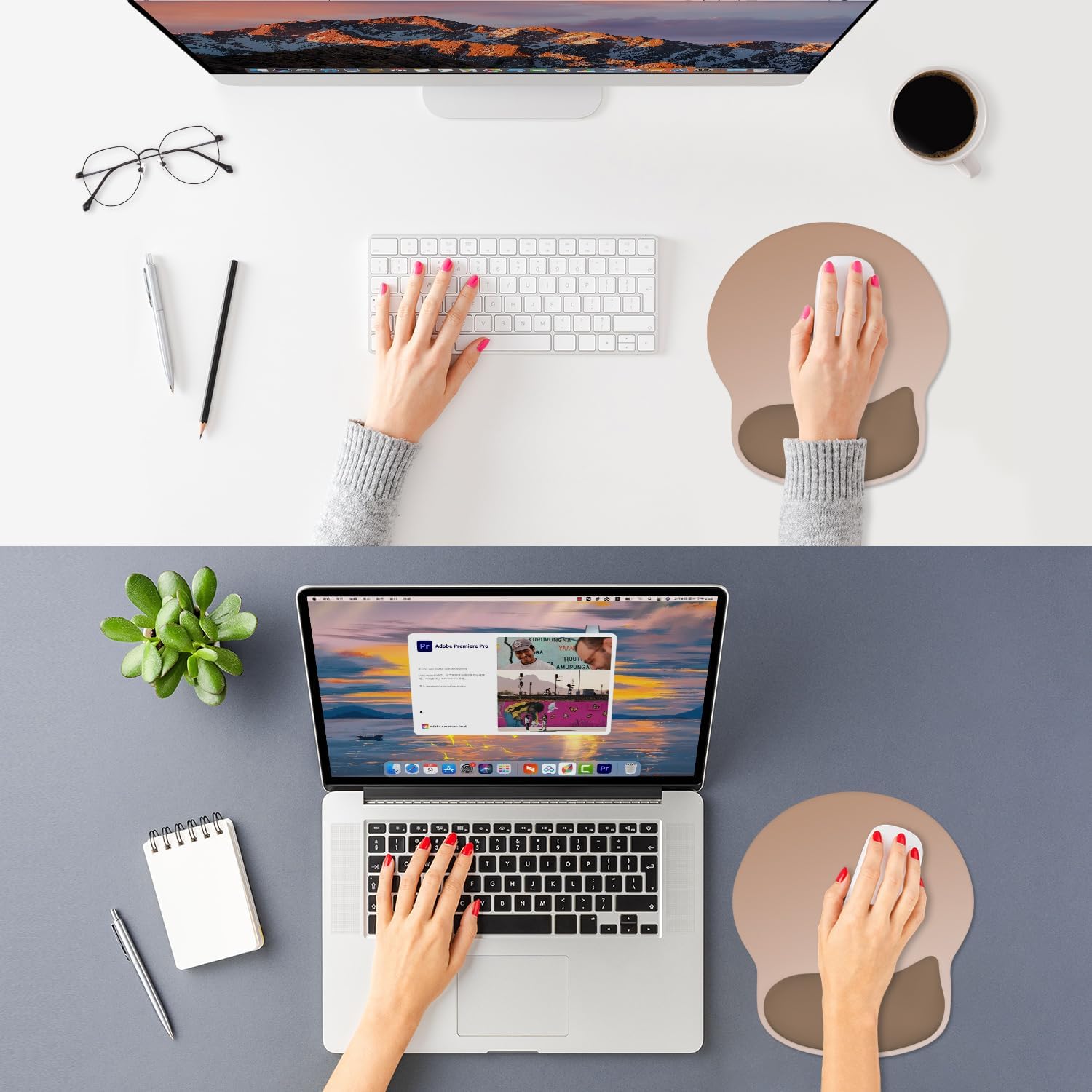 ITNRSIIET Ergonomic Mouse Pad with Wider Memory Foam Wrist Rest +17% - Curved Cushion Reduces Pressure 20%, Pain Relief, Non-Slip, Smooth, Cute Colors, 9.85 x 9 in, Soft Brown Gradient