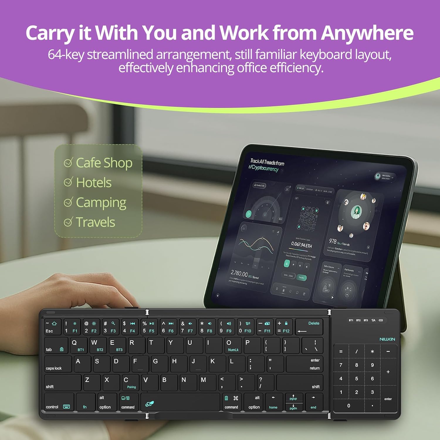 Nillkin Pocket Foldable Keyboard with Touchpad & Wireless Bluetooth, Portable Travel Keyboard for Home or Mobile Office Replaces Keypads and Mouse Combo, Compatible with iPad, Laptop, Tablet - Black
