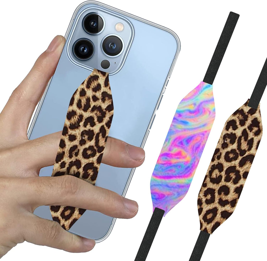 Phone Grip Strap - Pack of 2 Reversible Finger Holder for Phone Back, Customizable Anti-Slip Design, Wireless Charging Compatible Detachable Holder for iPhone - Leopard & Pink Tie dye