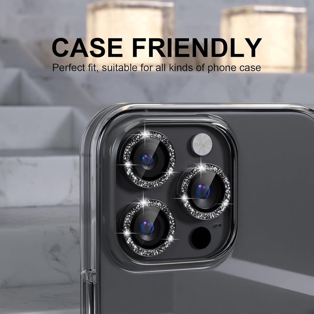 Choiche Compatible for iPhone 16 Pro/iPhone 16 Pro Max Camera Lens Protector Bling, 9H Tempered Glass Camera Cover Screen Protector Metal Ring Decoration Accessories (Glitter-Black)