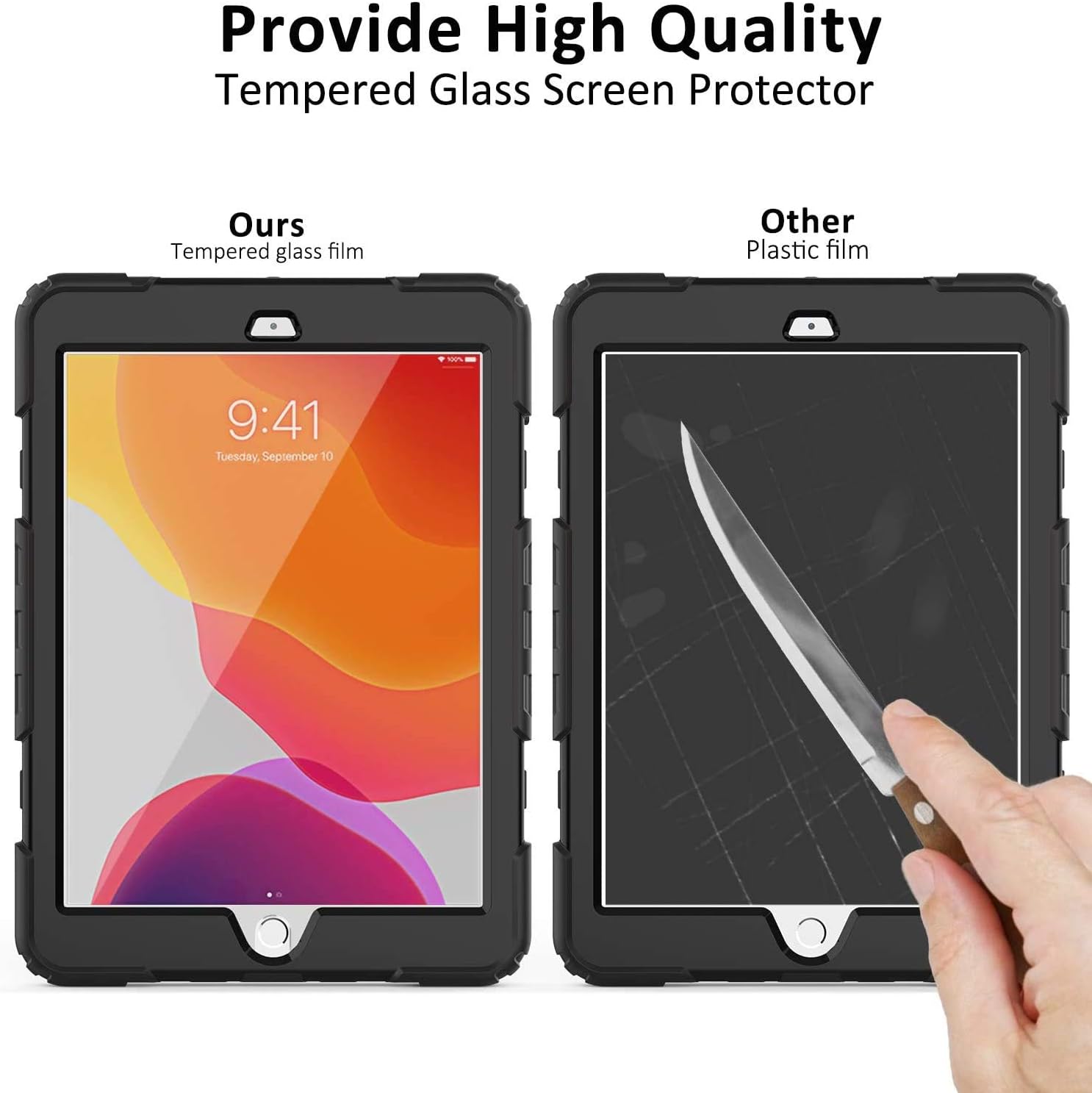 BLOSOMEET Case for iPad 9th/8th/7th Generation 2021/2020/2019 10.2 Inch with Tempered Glass Screen Protector & Pencil Holder,Protective Kids iPad 10.2 Case Cover w/Stand Hand Shoulder Strap,Black