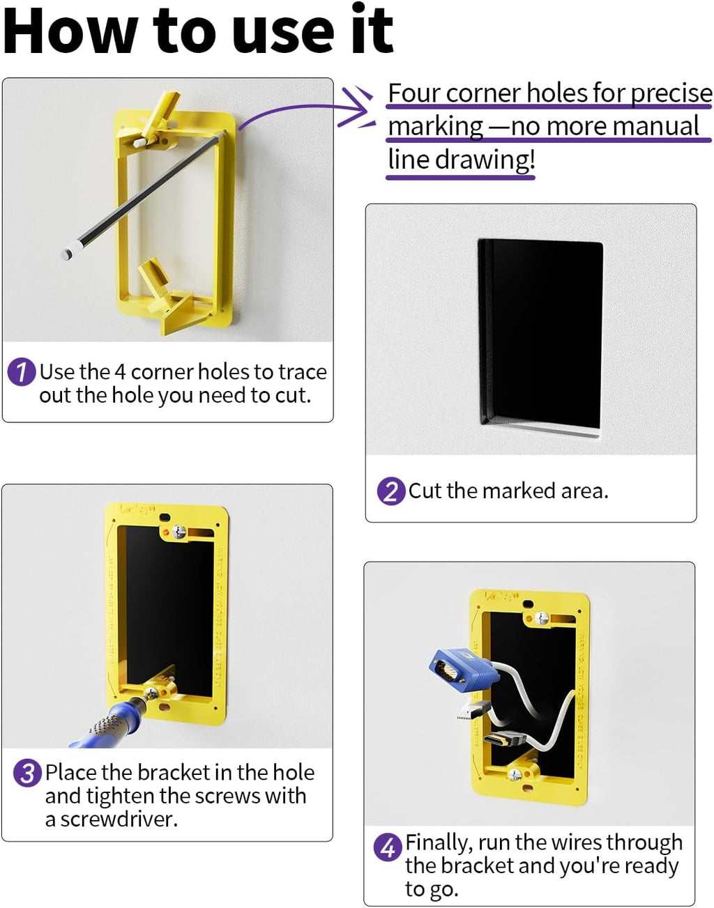 VCE Low Voltage Mounting Bracket Single Gang Wall Plate, Flush Low Voltage Box for Network, HDMI, Coaxial, Speaker, Telephone Cables, Yellow, 5 Pack
