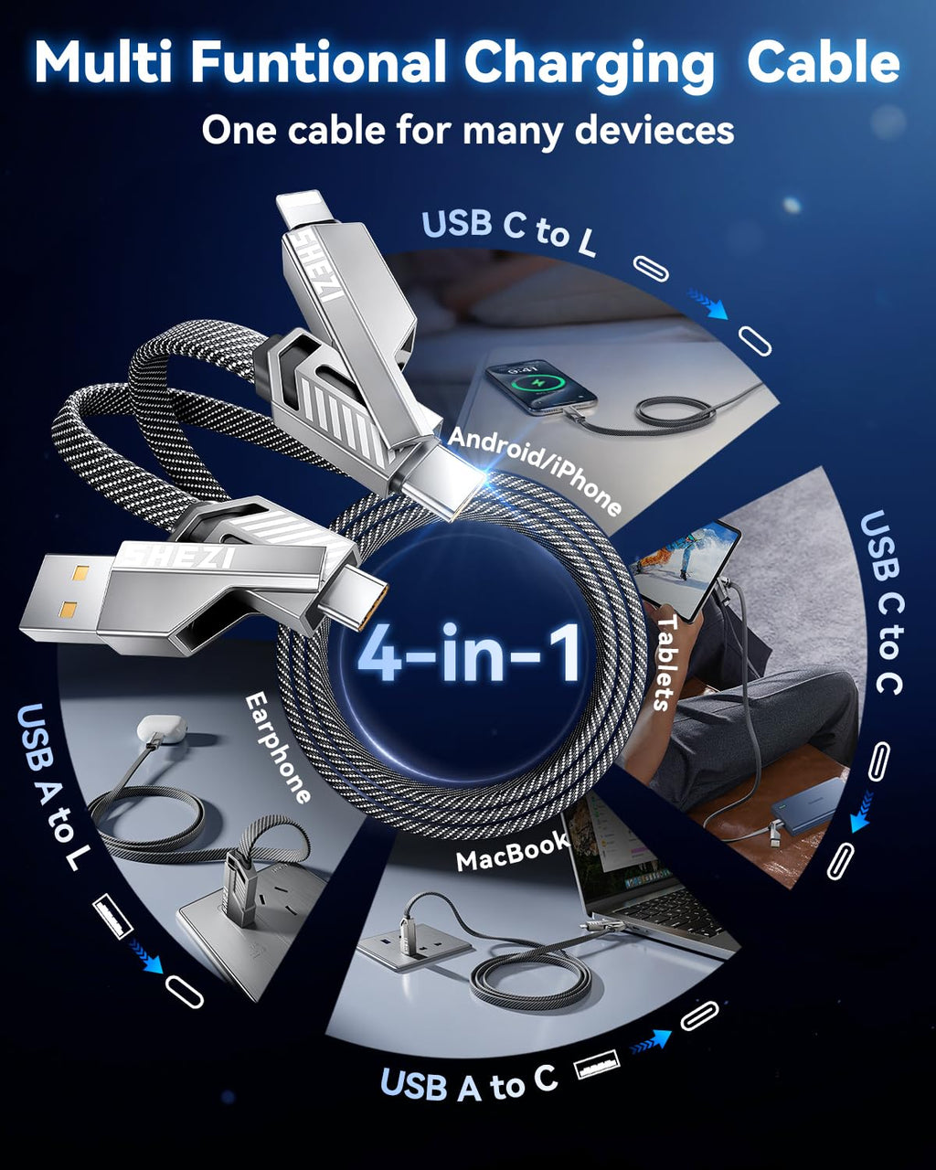 [One is Enough] 4-in-1 Compatible with USB C to Lightning Cable, 240W High-Speed Charging & Fast Data Transfer,CarPlay & Android Auto Support Multi Charger Cord Combo for iPhone/Samsung/iPad,5FT