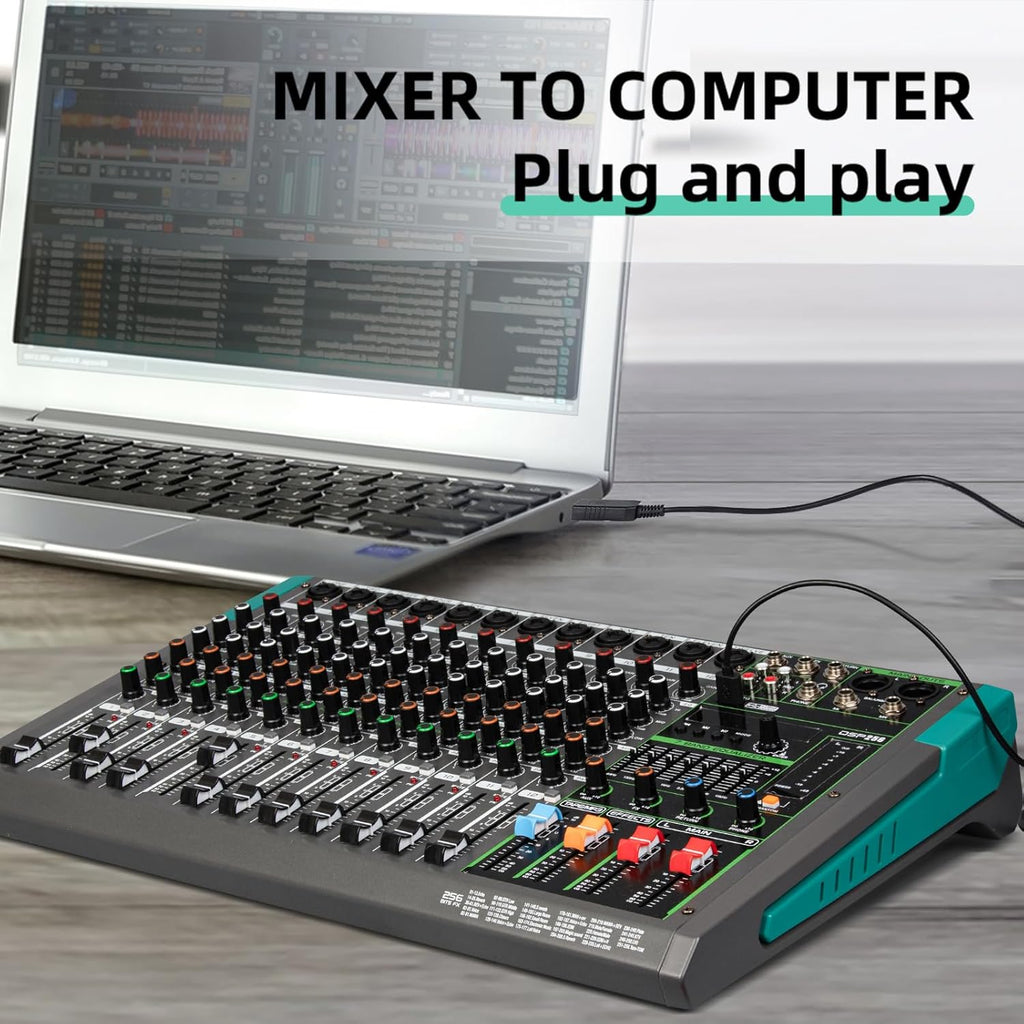Depusheng PA12 Professional Audio Mixer Sound Board Console Desk System Interface 12 Channel Digital USB Bluetooth MP3 Computer Input 48V Phantom Power Built-in 256 Reverb Effect, Black