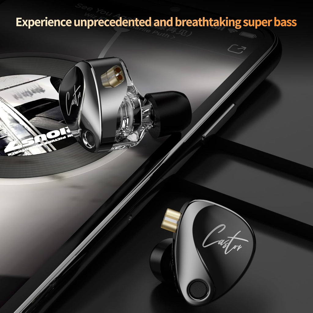 KZ Castor in Ear HiFi Earphone 2DD Dynamic High-end Tunable IEM Earphones in Ear Monitor Headphones with Silicone Tips Detachable Cabel IEMs for Singer Musician DJ On Stage (Black, Without Mic)