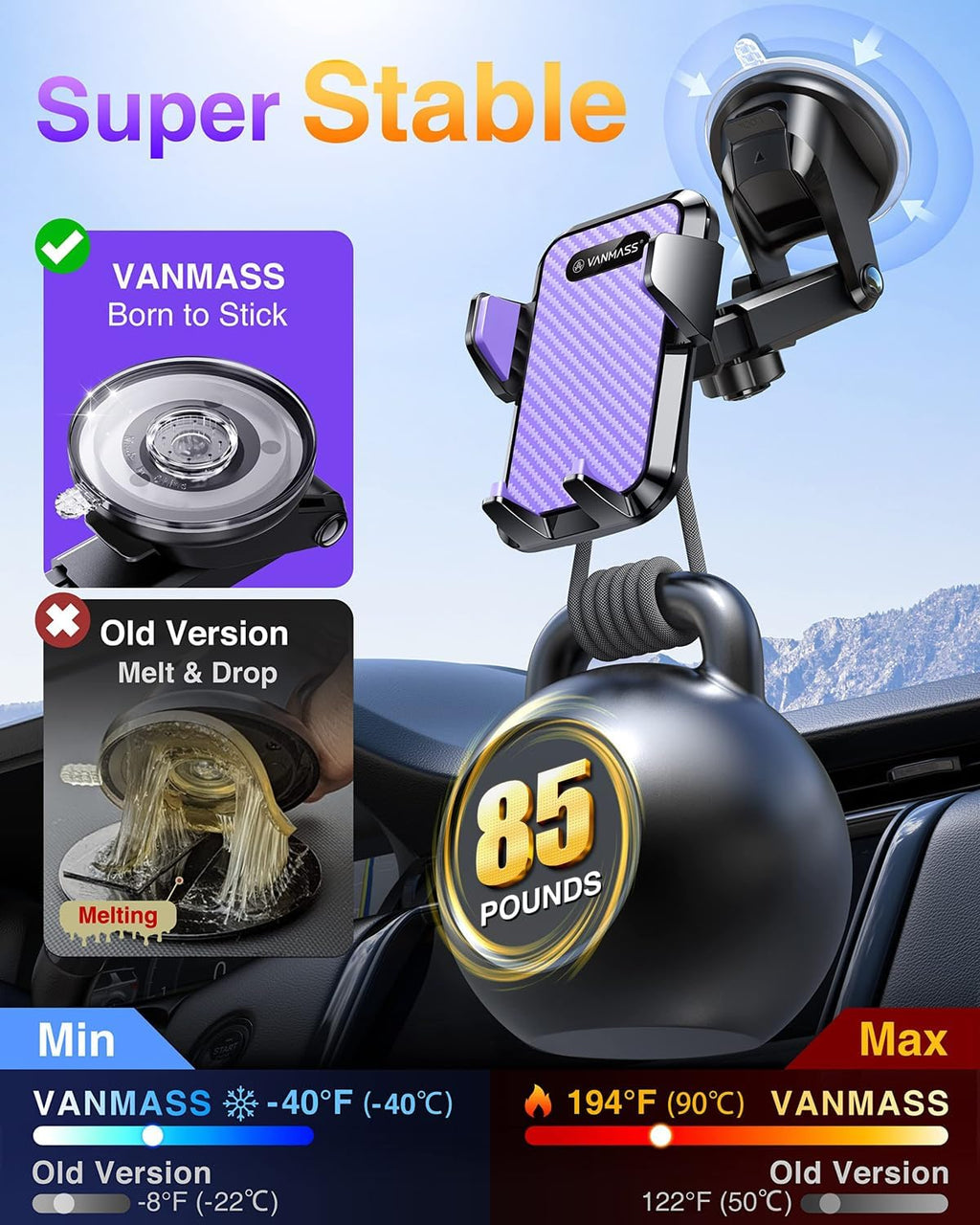 VANMASS 2025【Strongest & Military-Grade】Car Phone Mount【Patent & Safety Certs】Ultimate Cell Phone Holder Handsfree Stand for Dashboard Window Vent for iPhone 16 Pro Max 15 14 13 Samsung Android Truck