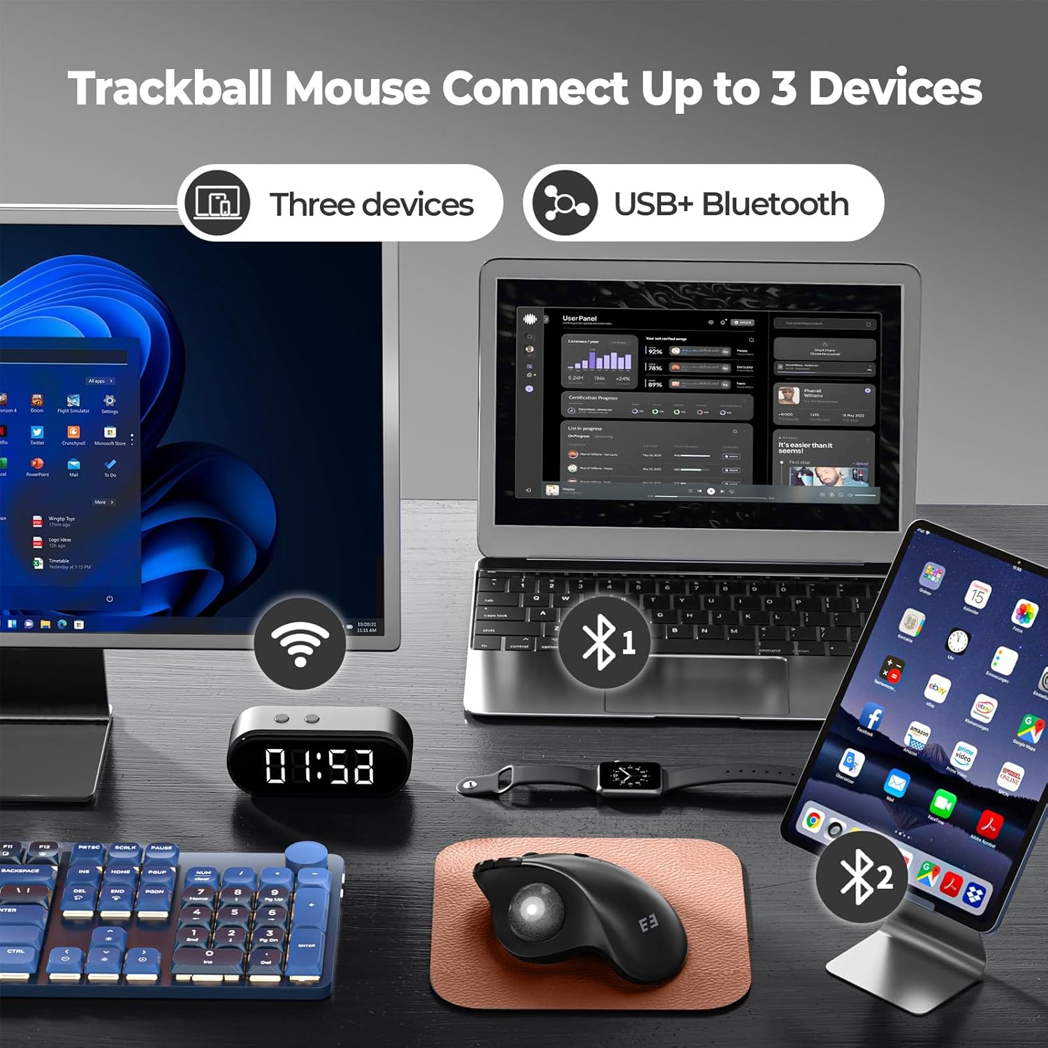 seenda Wireless Trackball Mouse Ergonomic - Bluetooth Rollerball Mouse Rechargeable, Multi Devices Connection Thumb Control Mice Compatible for Mac/Android/Windows Computers - Black