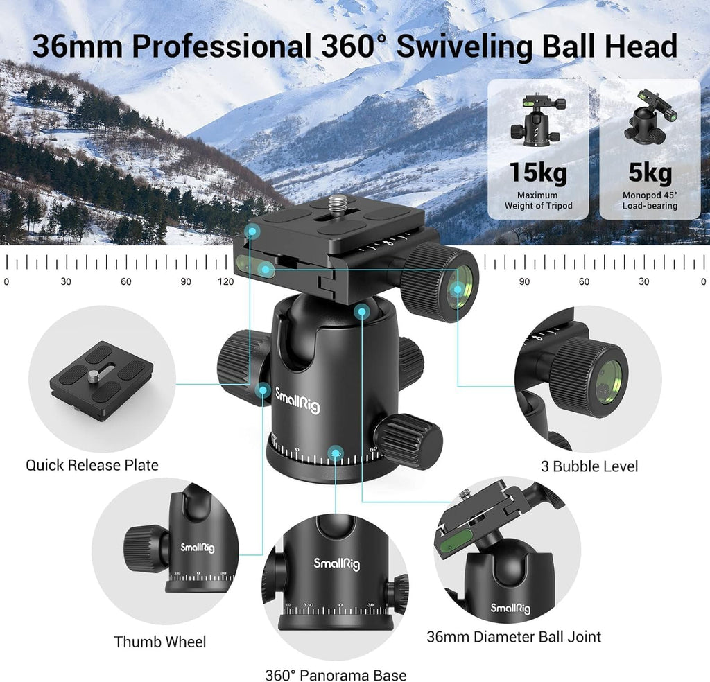 SmallRig CT-20 Camera Tripod, 78.7" Foldable Aluminum Tripod & Monopod, 360°Ball Head Detachable, Payload 33lb (200cm/78.7")