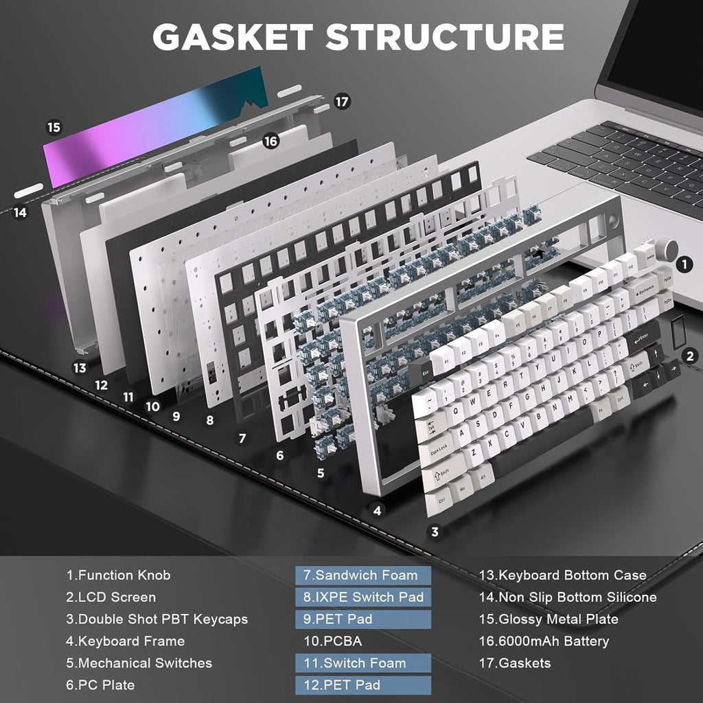 YUNZII AL80 Wireless Mechanical Keyboard,Full Aluminum CNC, Smart LCD Display,Hot Swappable Gasket Mount 75% Layout with Knob,BT/2.4G/USB-C,QMK/VIA Support for Win/Mac (Silver, Gateron Zero Switch)