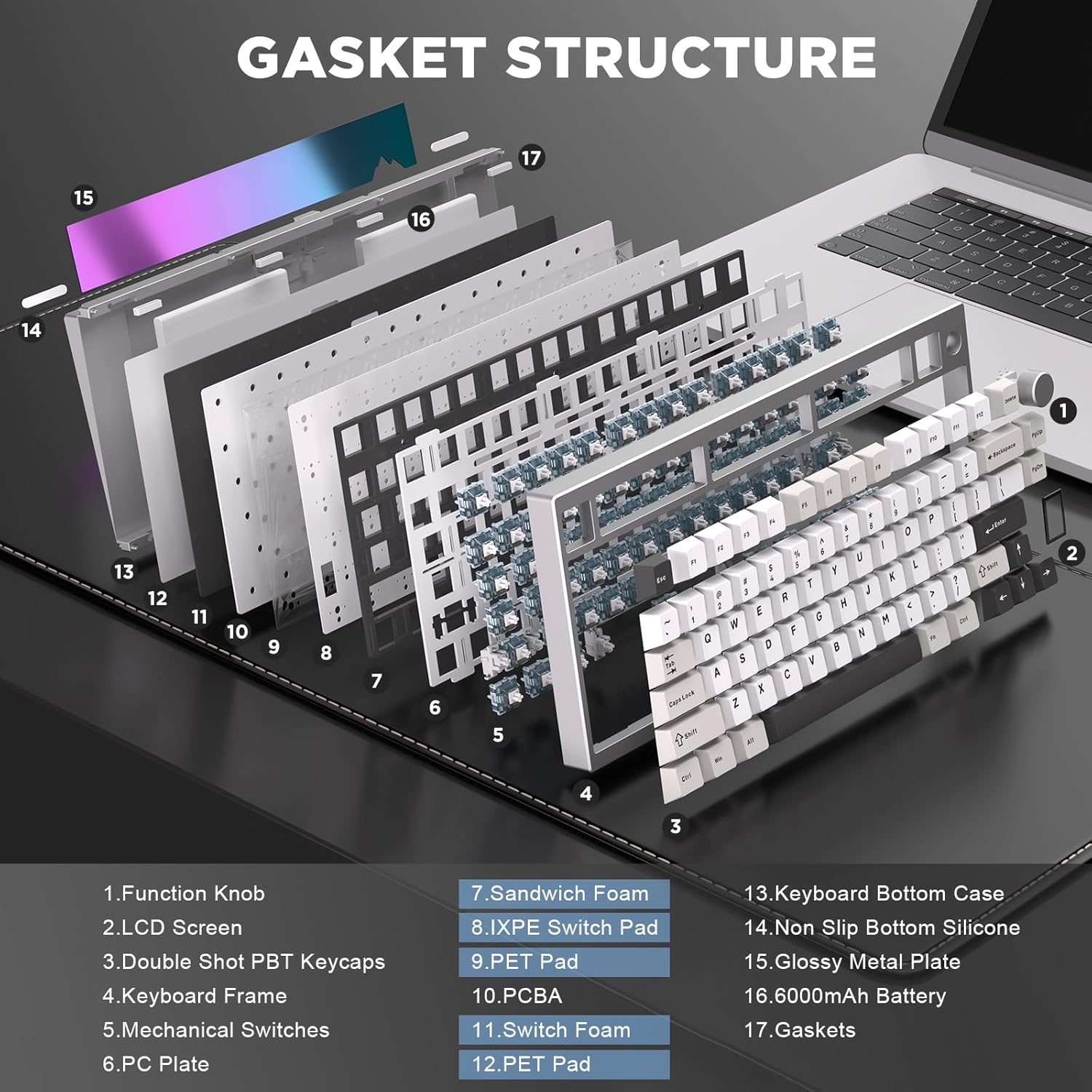 YUNZII AL80 Wireless Mechanical Keyboard,Full Aluminum CNC, Smart LCD Display,Hot Swappable Gasket Mount 75% Layout with Knob,BT/2.4G/USB-C,QMK/VIA Support for Win/Mac (Silver, Gateron Zero Switch)